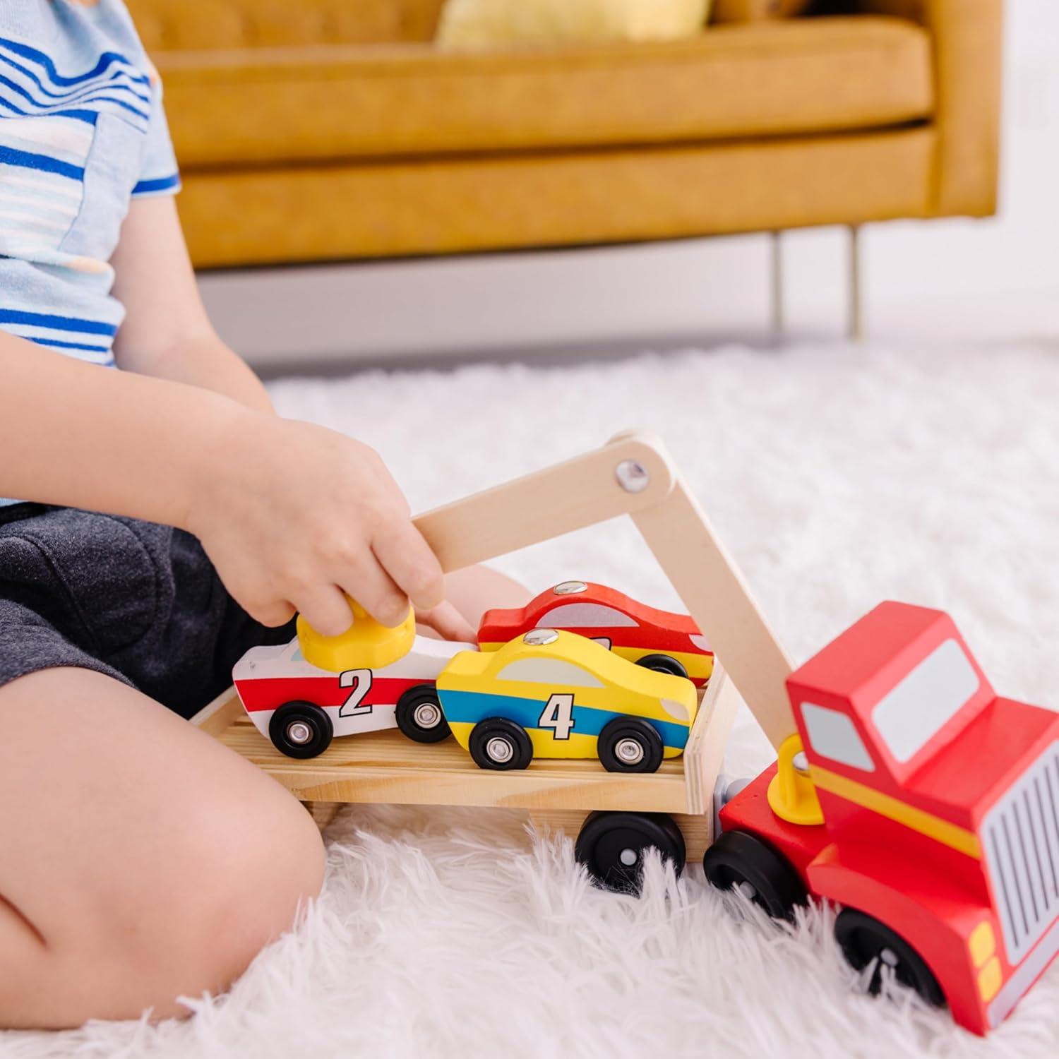 imageMelissa ampamp Doug Magnetic Car Loader Wooden Toy Set with 4 Cars and 1 SemiTrailer Truck Crane Wooden Toy Vehicle Toys for Kids Ages 3