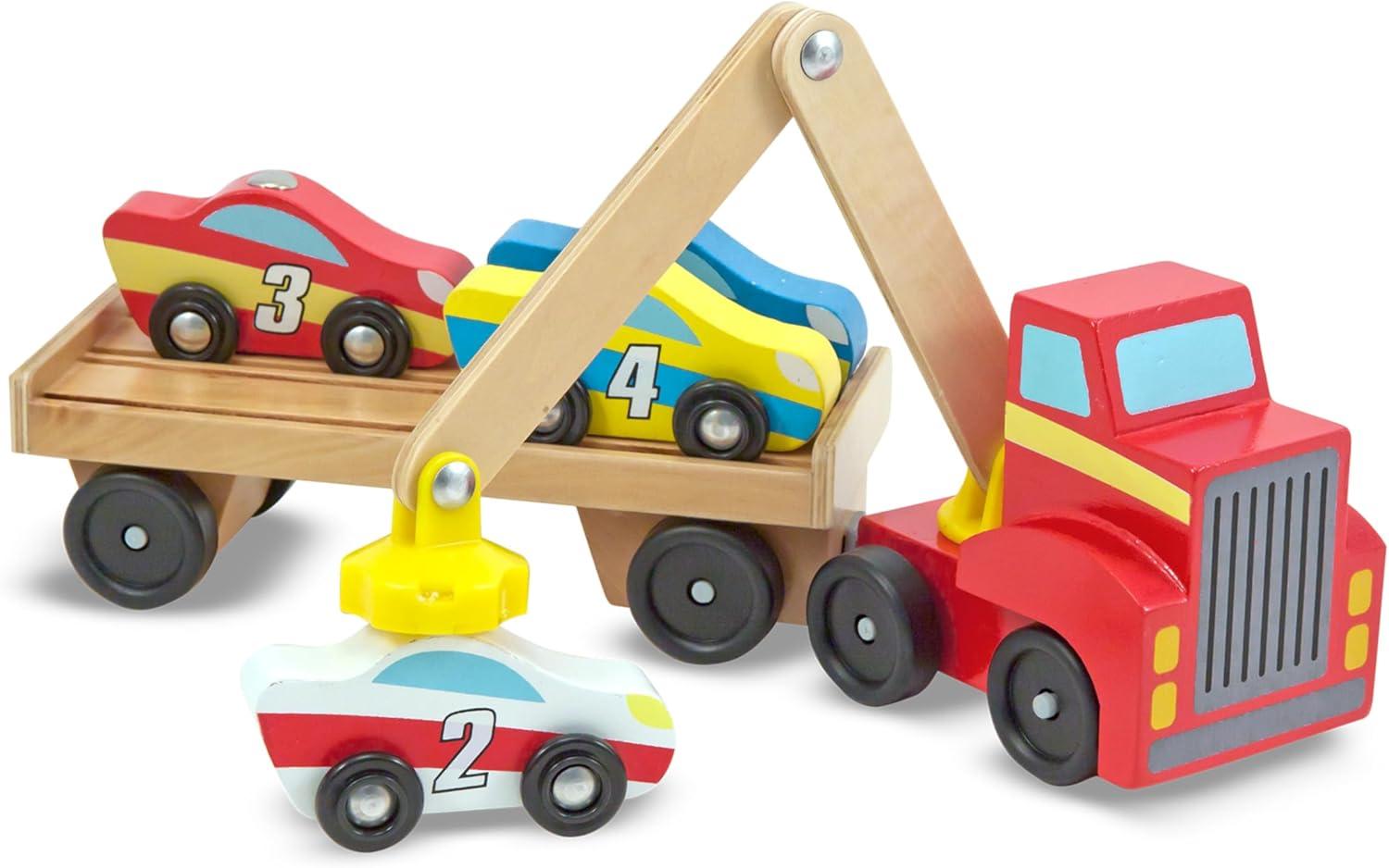 imageMelissa ampamp Doug Magnetic Car Loader Wooden Toy Set with 4 Cars and 1 SemiTrailer Truck Crane Wooden Toy Vehicle Toys for Kids Ages 3
