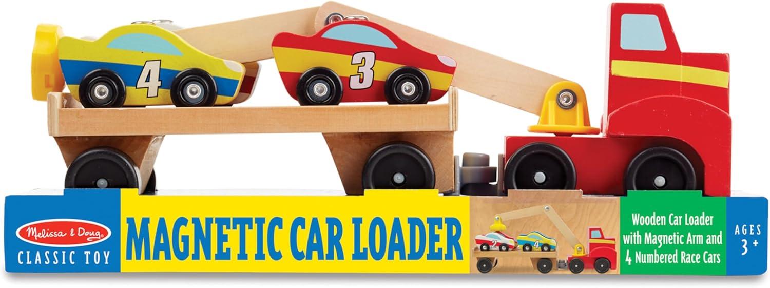 imageMelissa ampamp Doug Magnetic Car Loader Wooden Toy Set with 4 Cars and 1 SemiTrailer Truck Crane Wooden Toy Vehicle Toys for Kids Ages 3