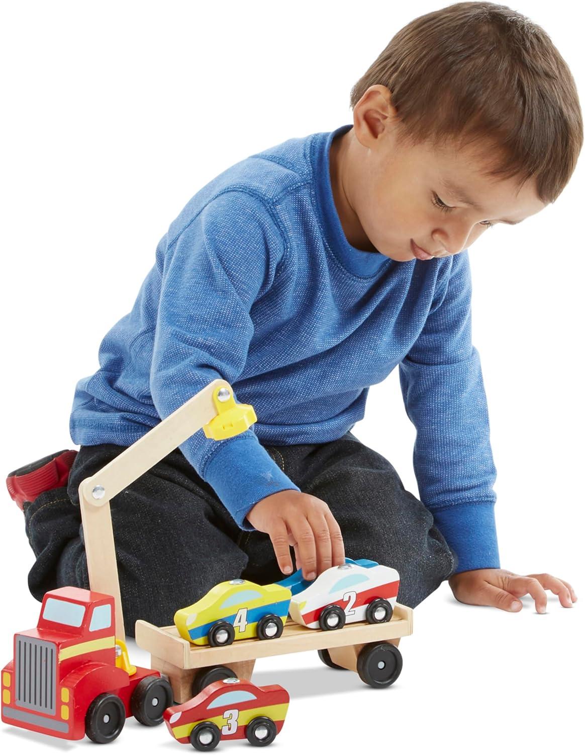 imageMelissa ampamp Doug Magnetic Car Loader Wooden Toy Set with 4 Cars and 1 SemiTrailer Truck Crane Wooden Toy Vehicle Toys for Kids Ages 3