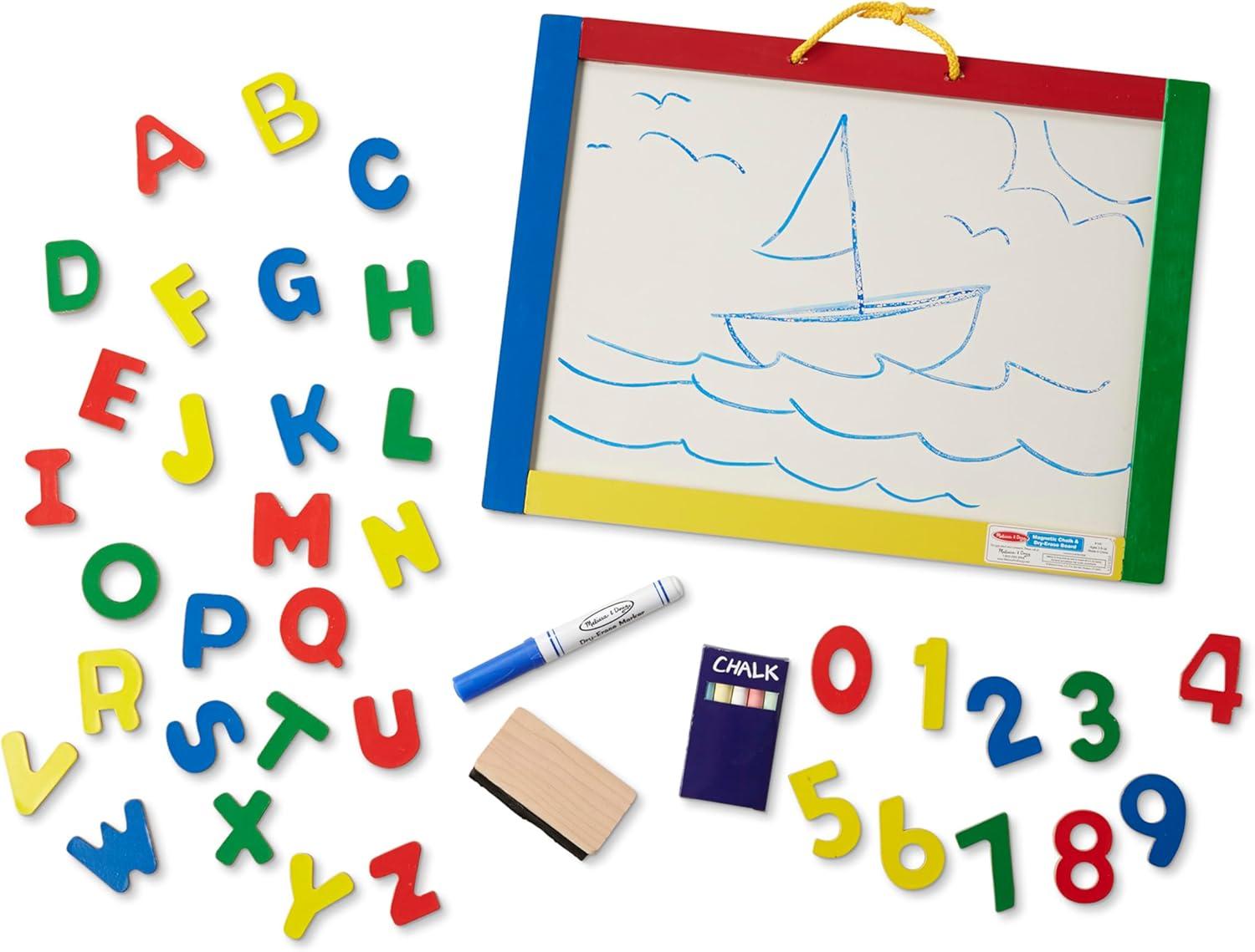 imageMelissa ampamp Doug Magnetic Chalkboard and DryErase Board with 36 Magnets Numbers and Uppercase Letters Chalk Eraser and DryErase Pen