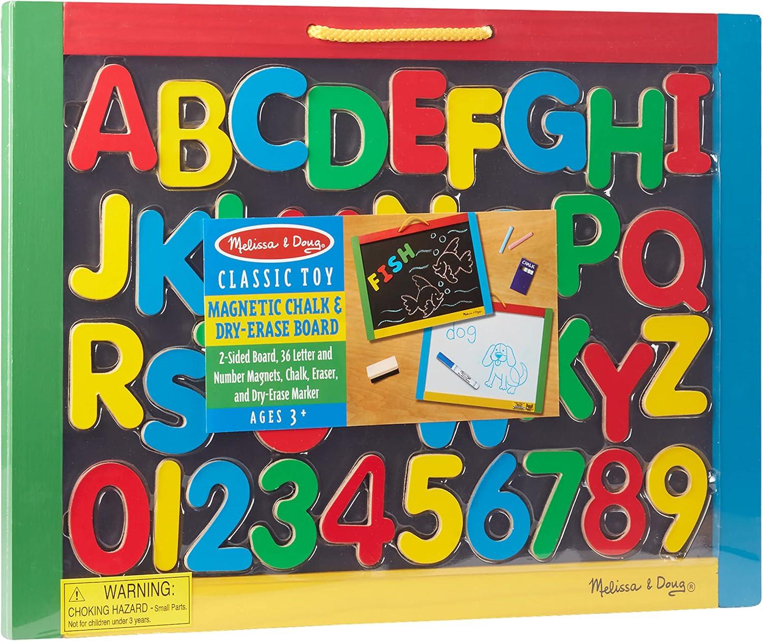 imageMelissa ampamp Doug Magnetic Chalkboard and DryErase Board with 36 Magnets Numbers and Uppercase Letters Chalk Eraser and DryErase Pen