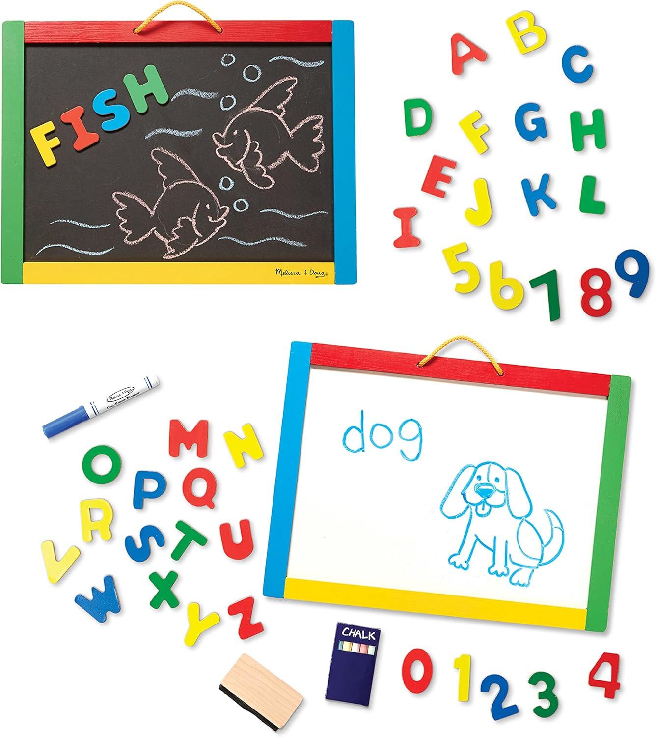 imageMelissa ampamp Doug Magnetic Chalkboard and DryErase Board with 36 Magnets Numbers and Uppercase Letters Chalk Eraser and DryErase Pen