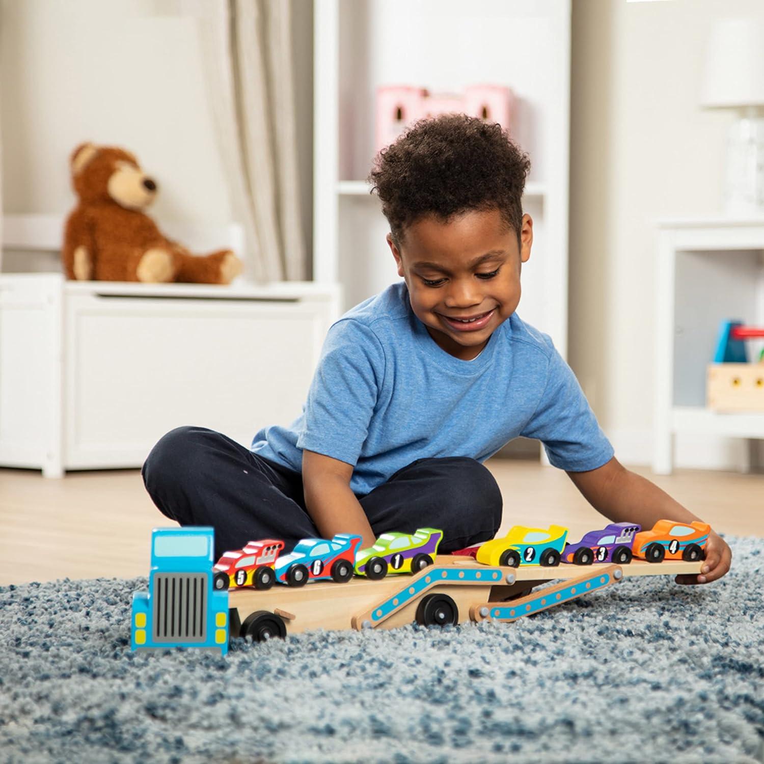 imageMelissa ampamp Doug Mega RaceCar Carrier  Wooden Tractor and Trailer with 6 Unique Race CarsFrustrationFree Packaging