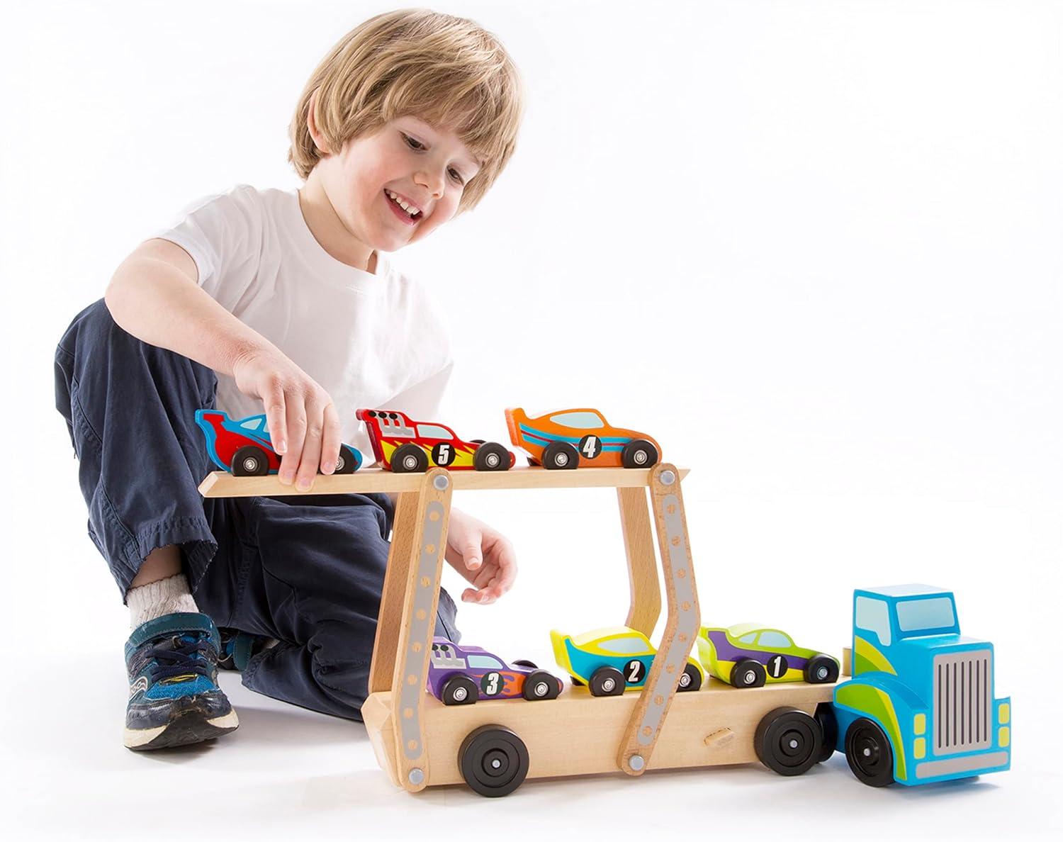 imageMelissa ampamp Doug Mega RaceCar Carrier  Wooden Tractor and Trailer with 6 Unique Race CarsFrustrationFree Packaging