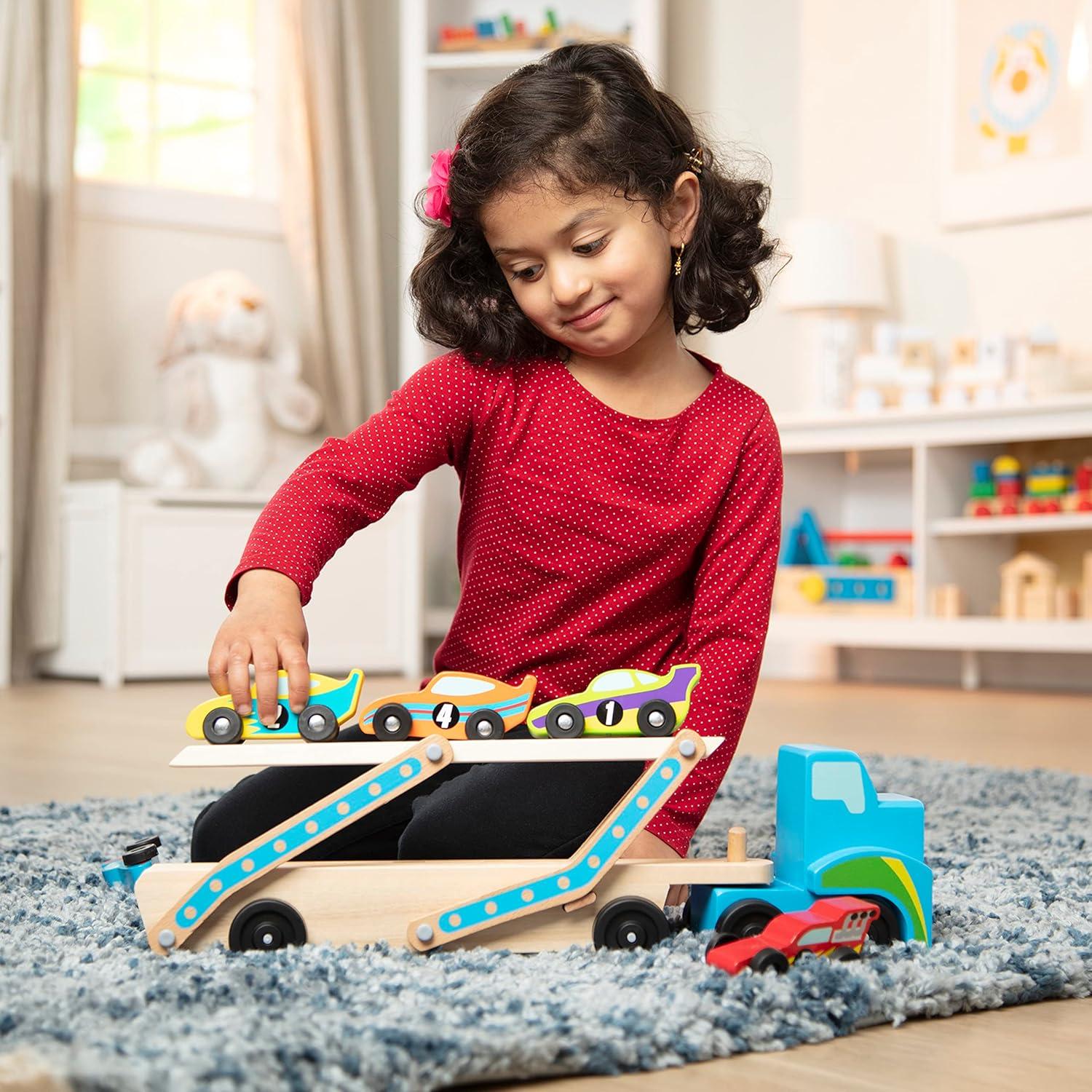 imageMelissa ampamp Doug Mega RaceCar Carrier  Wooden Tractor and Trailer with 6 Unique Race CarsFrustrationFree Packaging