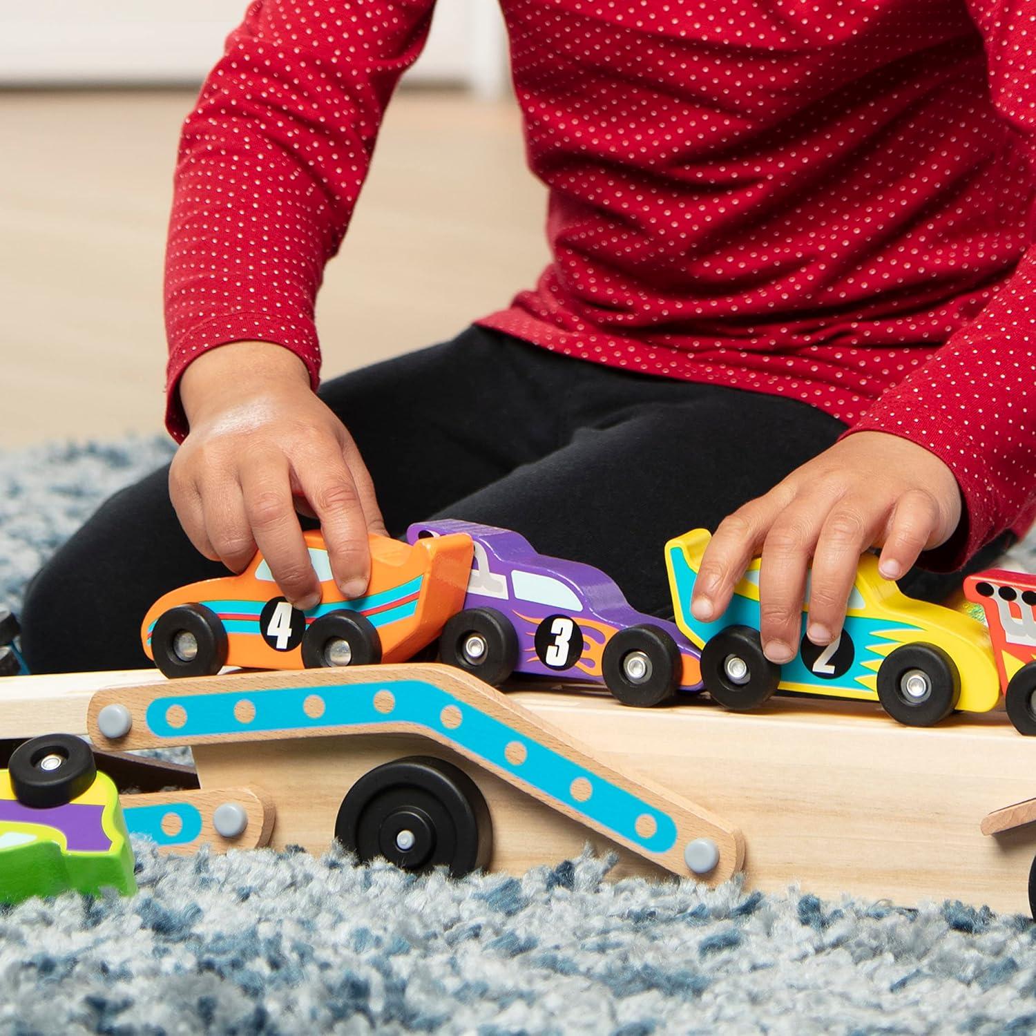 imageMelissa ampamp Doug Mega RaceCar Carrier  Wooden Tractor and Trailer with 6 Unique Race CarsFrustrationFree Packaging