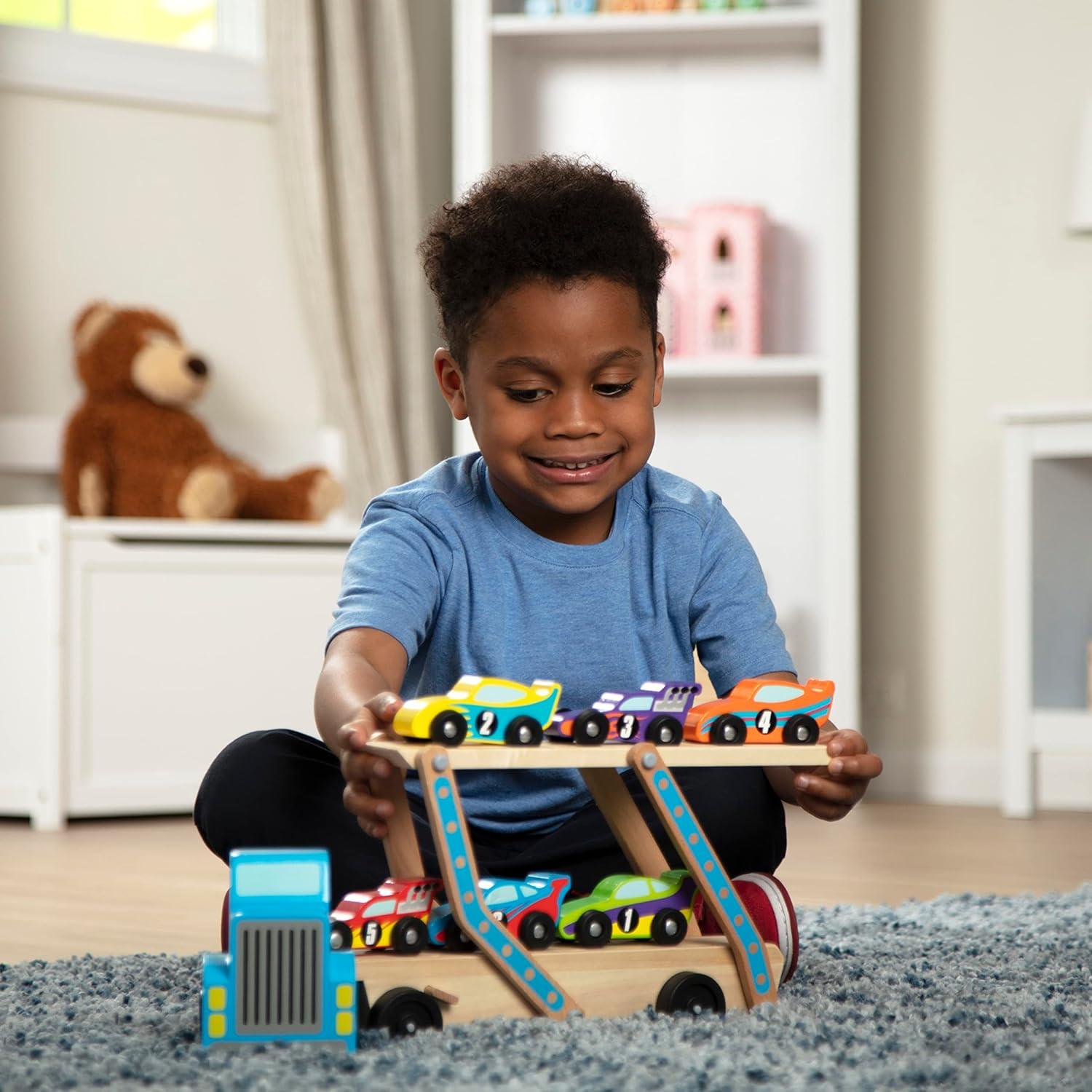 imageMelissa ampamp Doug Mega RaceCar Carrier  Wooden Tractor and Trailer with 6 Unique Race CarsFrustrationFree Packaging