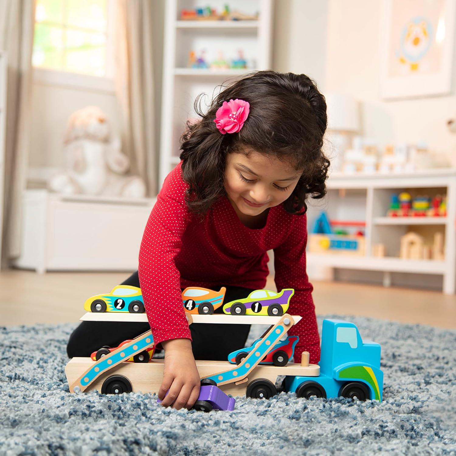 imageMelissa ampamp Doug Mega RaceCar Carrier  Wooden Tractor and Trailer with 6 Unique Race CarsFrustrationFree Packaging