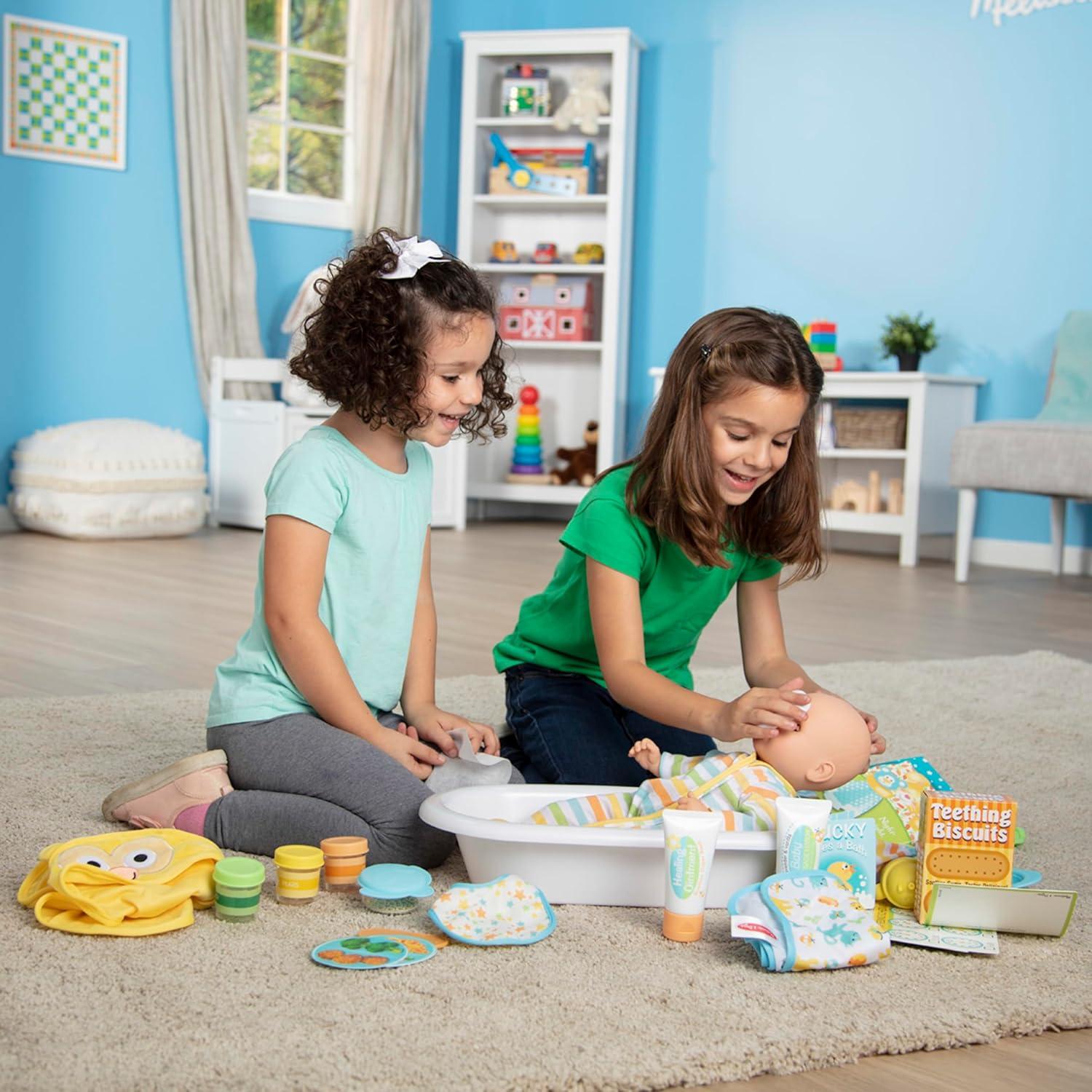 imageMelissa ampamp Doug Mine to Love Deluxe Baby Care Play Set 48 Pieces  Doll  Accessories to Feed Bathe Change and Cuddle