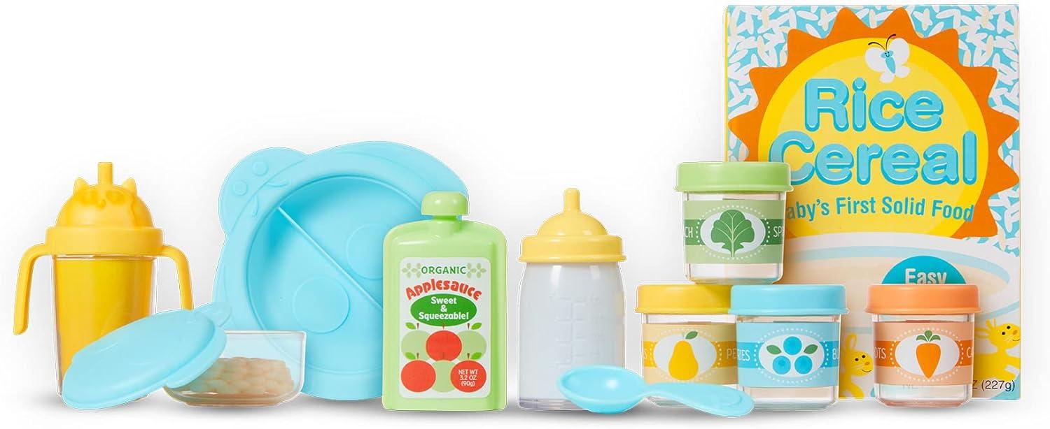 imageMelissa ampamp Doug Mine to Love Mealtime Play Set for Dolls with Bottle Pretend Baby Food Jars Snack Pouch More 24 pcs