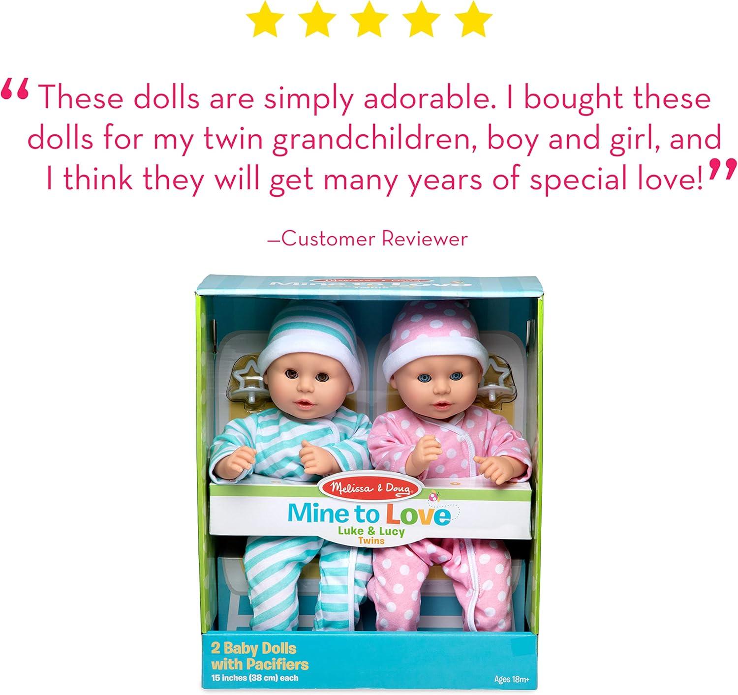 imageMelissa ampamp Doug Mine to Love Twins Luke ampamp Lucy 15 Light SkinTone Boy and Girl Baby Dolls with Rompers Caps Pacifiers
