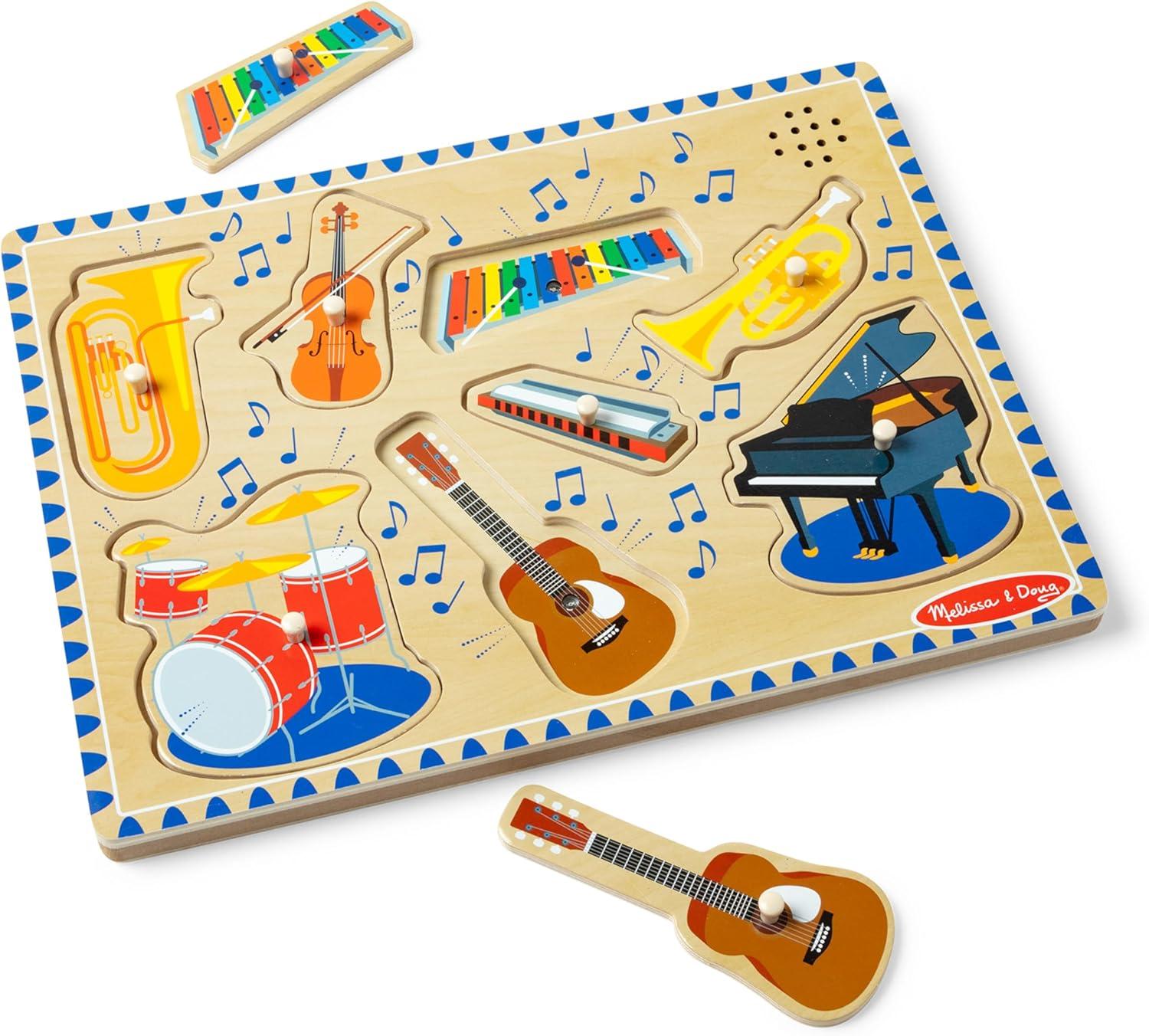 imageMelissa ampamp Doug Musical Instruments Sound Puzzle  Wooden Peg Puzzle with LightActivated Sound Effects 8 pcs Wooden Peg Baby Music Learning Toys for Toddlers and Preschoolers Ages 2
