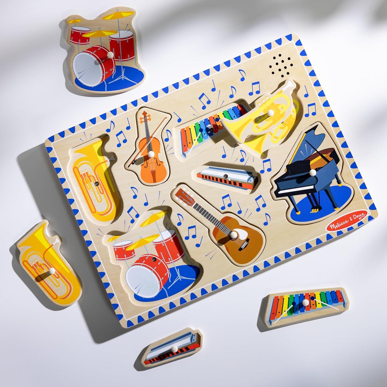 imageMelissa ampamp Doug Musical Instruments Sound Puzzle  Wooden Peg Puzzle with LightActivated Sound Effects 8 pcs Wooden Peg Baby Music Learning Toys for Toddlers and Preschoolers Ages 2
