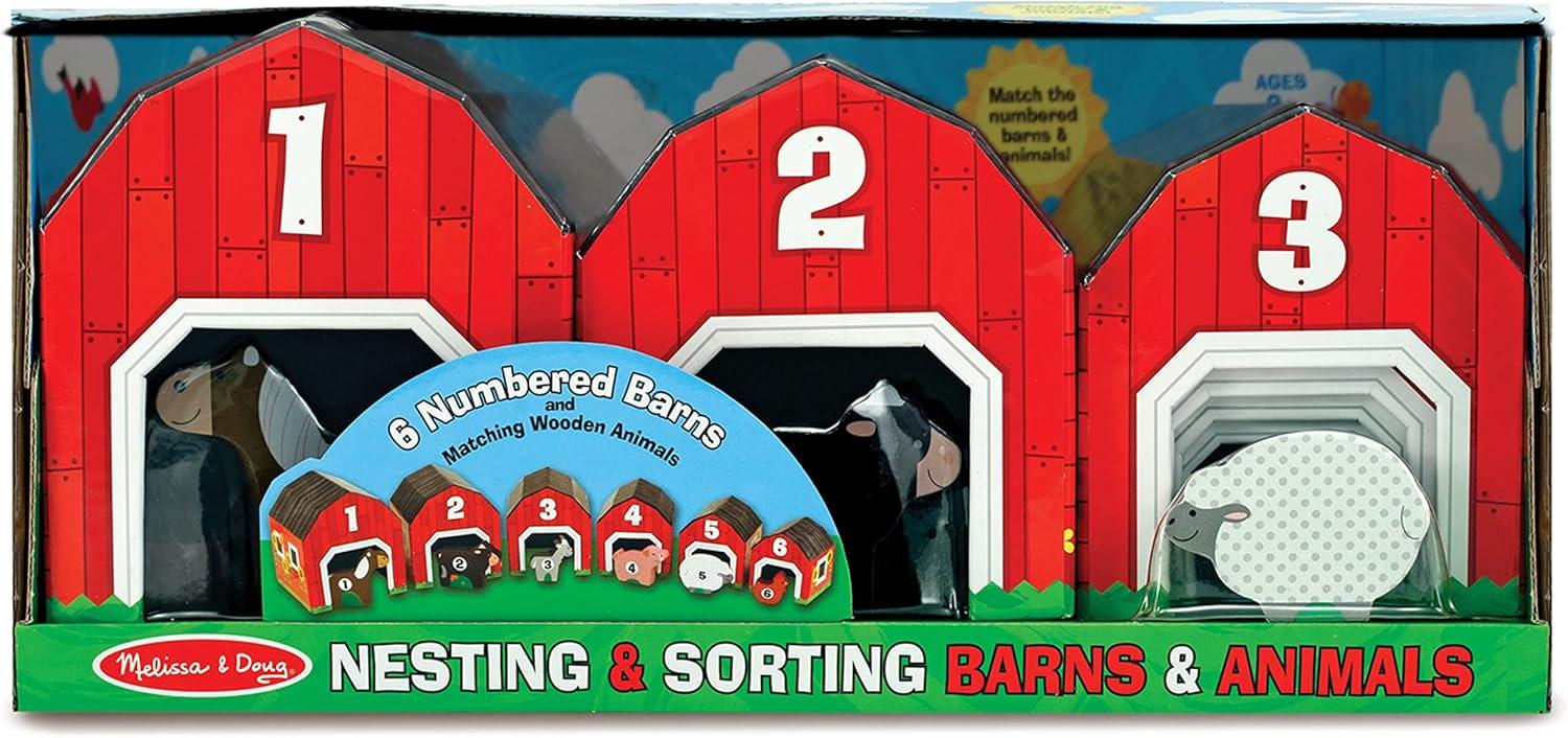 imageMelissa ampamp Doug Nesting and Sorting Barns and Animals with 6 Numbered Barns and Matching Wooden Animals