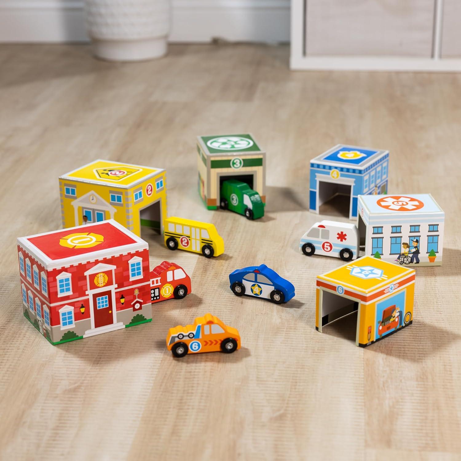 imageMelissa ampamp Doug Nesting and Sorting Blocks  6 Buildings 6 Wooden Vehicles  FSC CertifiedSet