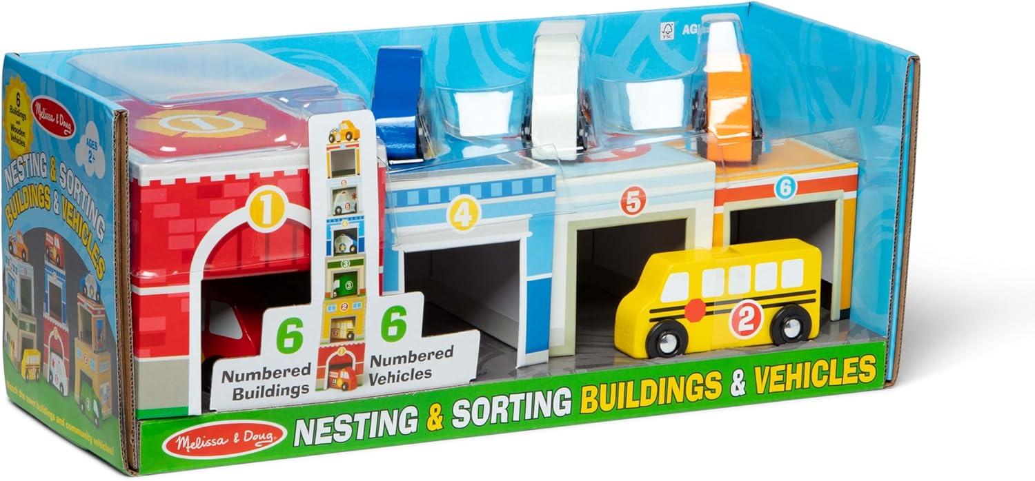 imageMelissa ampamp Doug Nesting and Sorting Blocks  6 Buildings 6 Wooden Vehicles  FSC CertifiedSet