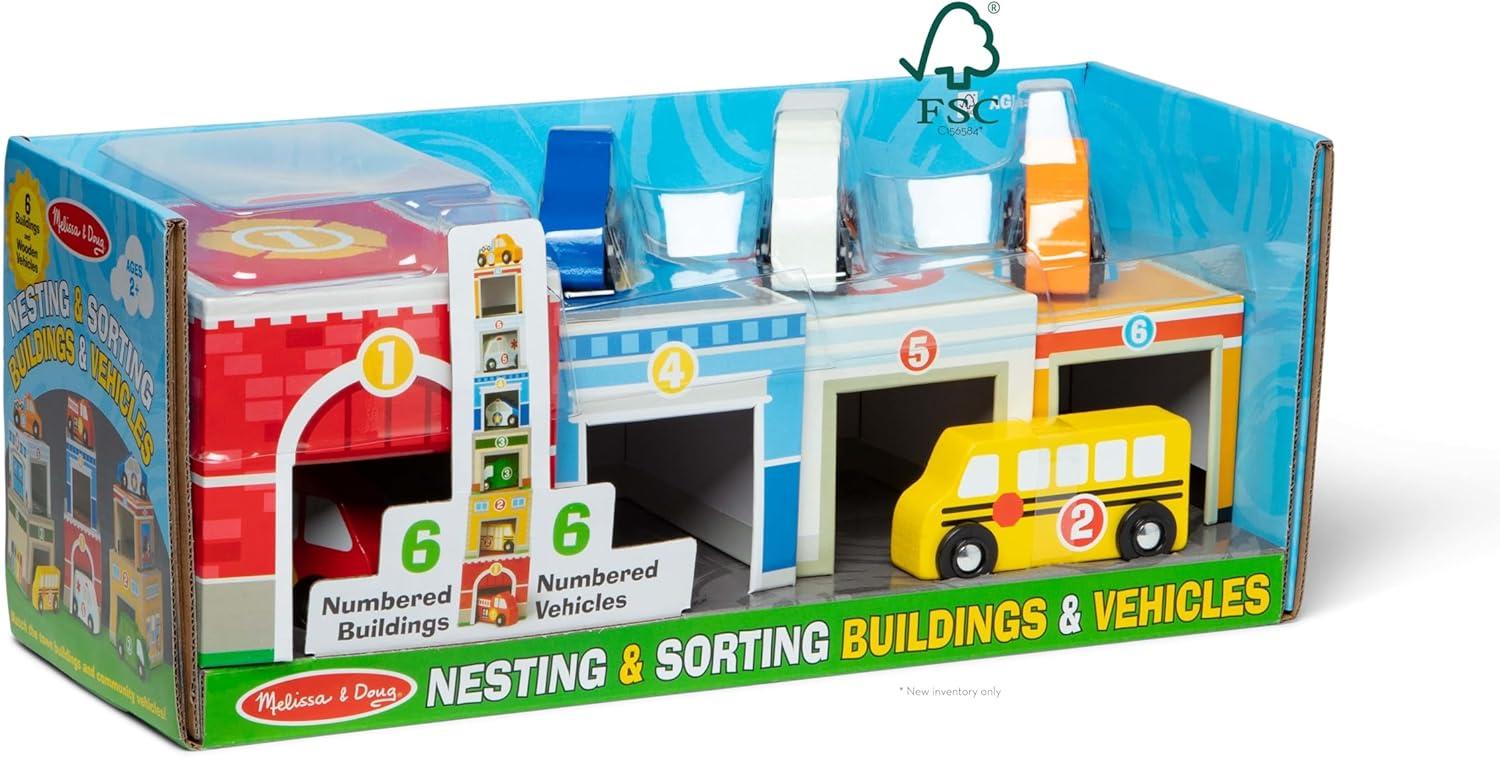 imageMelissa ampamp Doug Nesting and Sorting Blocks  6 Buildings 6 Wooden Vehicles  FSC CertifiedSet