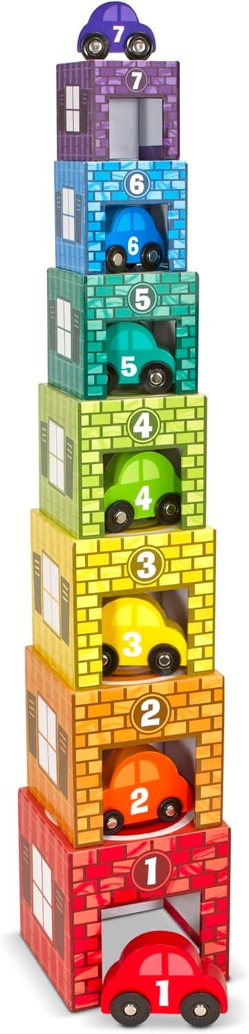 imageMelissa ampamp Doug Nesting and Sorting Garages and Cars with 7 Graduated Garages and 7 Stackable Wooden Cars  FSC Certified