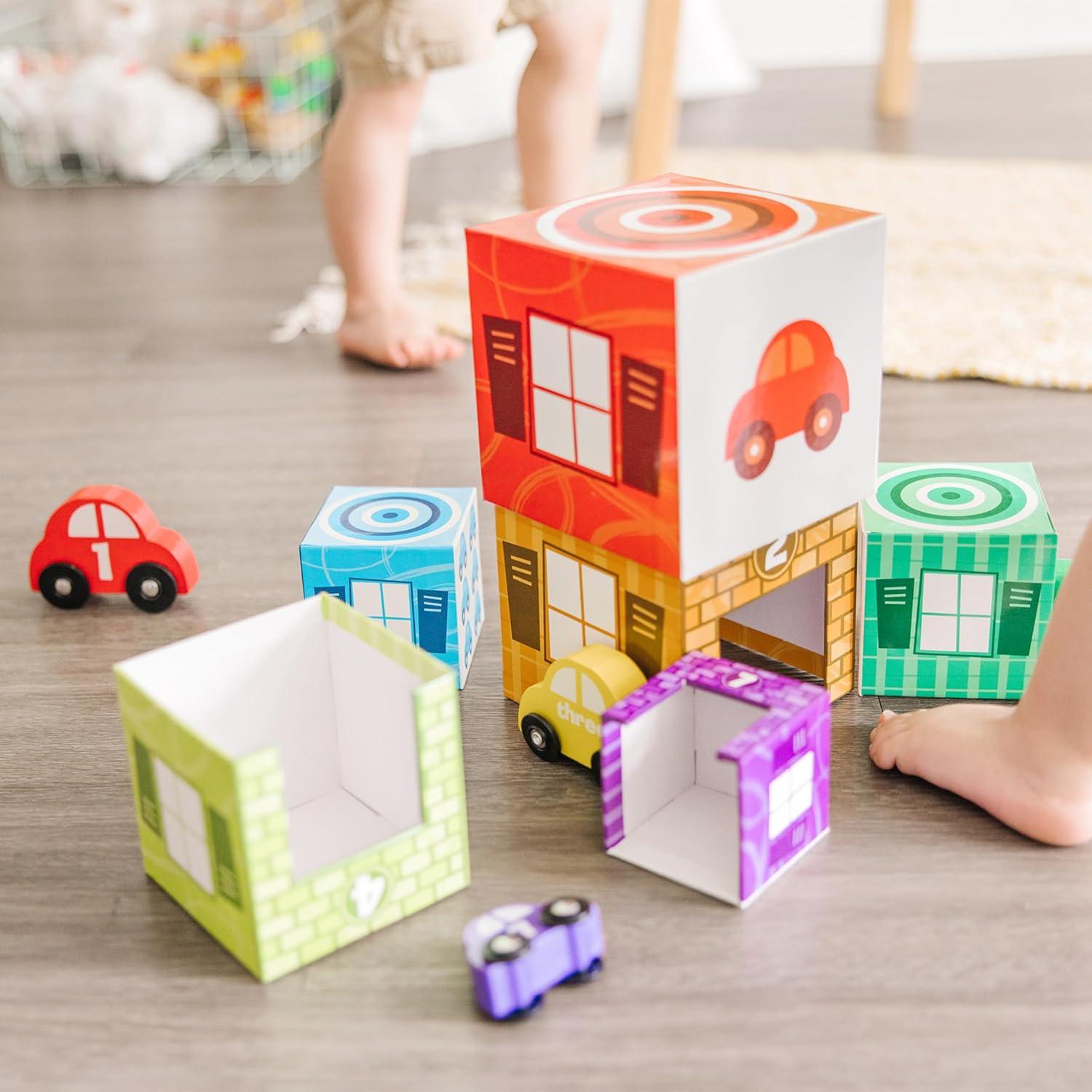 imageMelissa ampamp Doug Nesting and Sorting Garages and Cars with 7 Graduated Garages and 7 Stackable Wooden Cars  FSC Certified