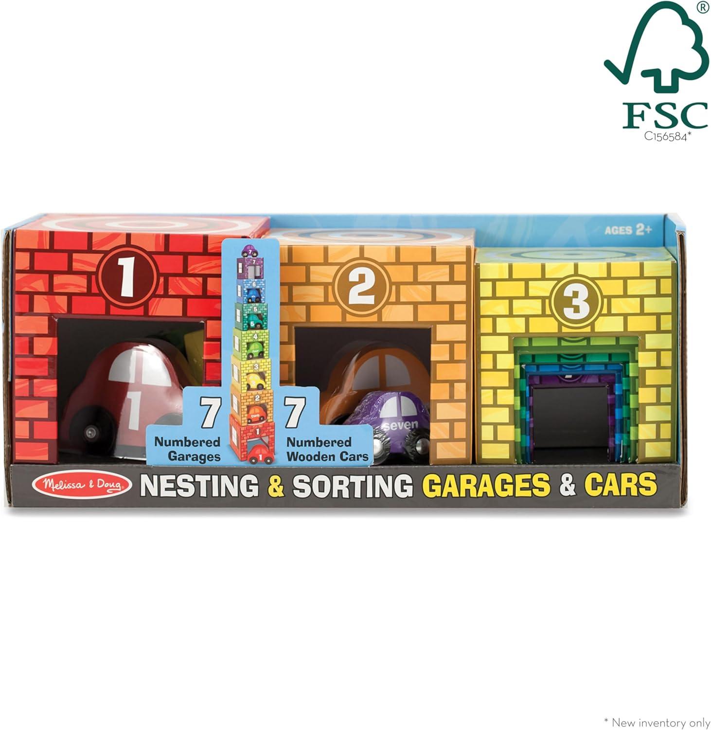 imageMelissa ampamp Doug Nesting and Sorting Garages and Cars with 7 Graduated Garages and 7 Stackable Wooden Cars  FSC Certified