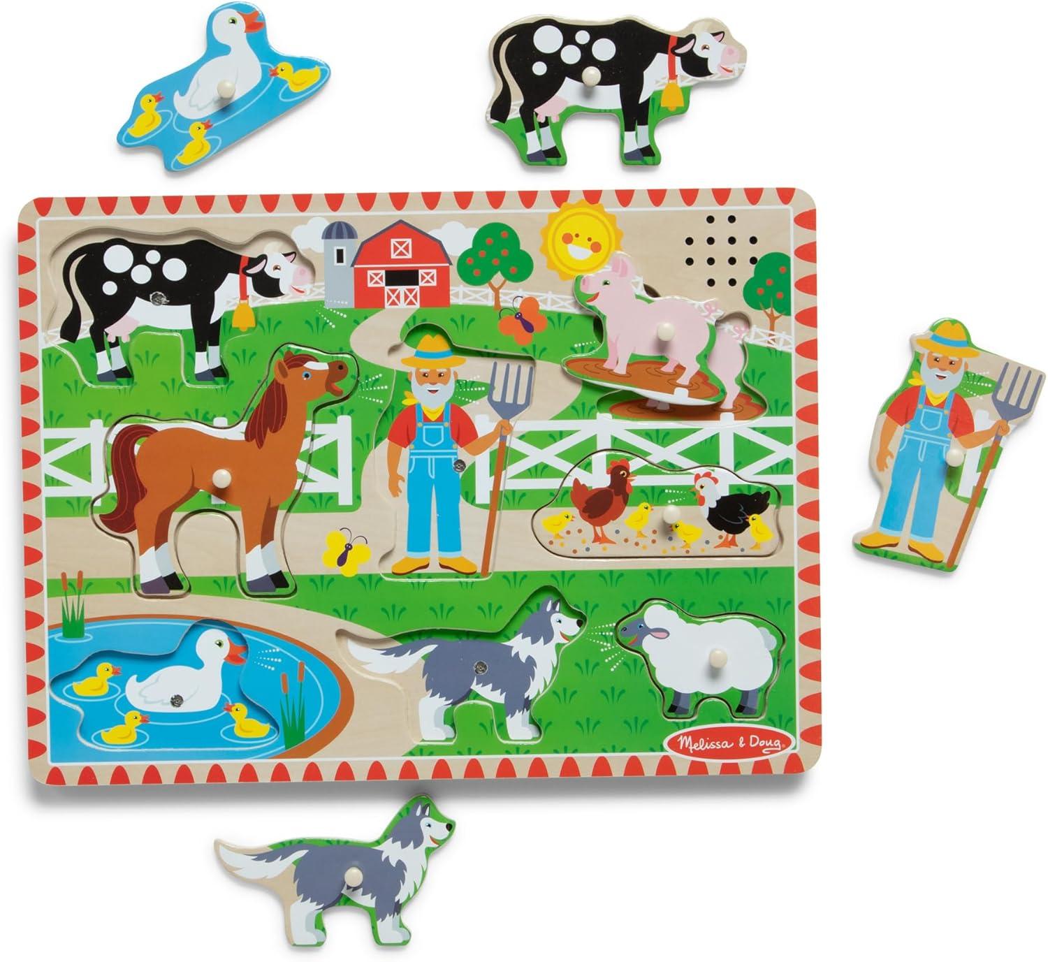 imageMelissa ampamp Doug Old MacDonalds Farm Song Puzzle  8Piece Wooden Peg Puzzle with LightActivated Sounds Music Learning Toy for Toddlers and Preschoolers Ages 2