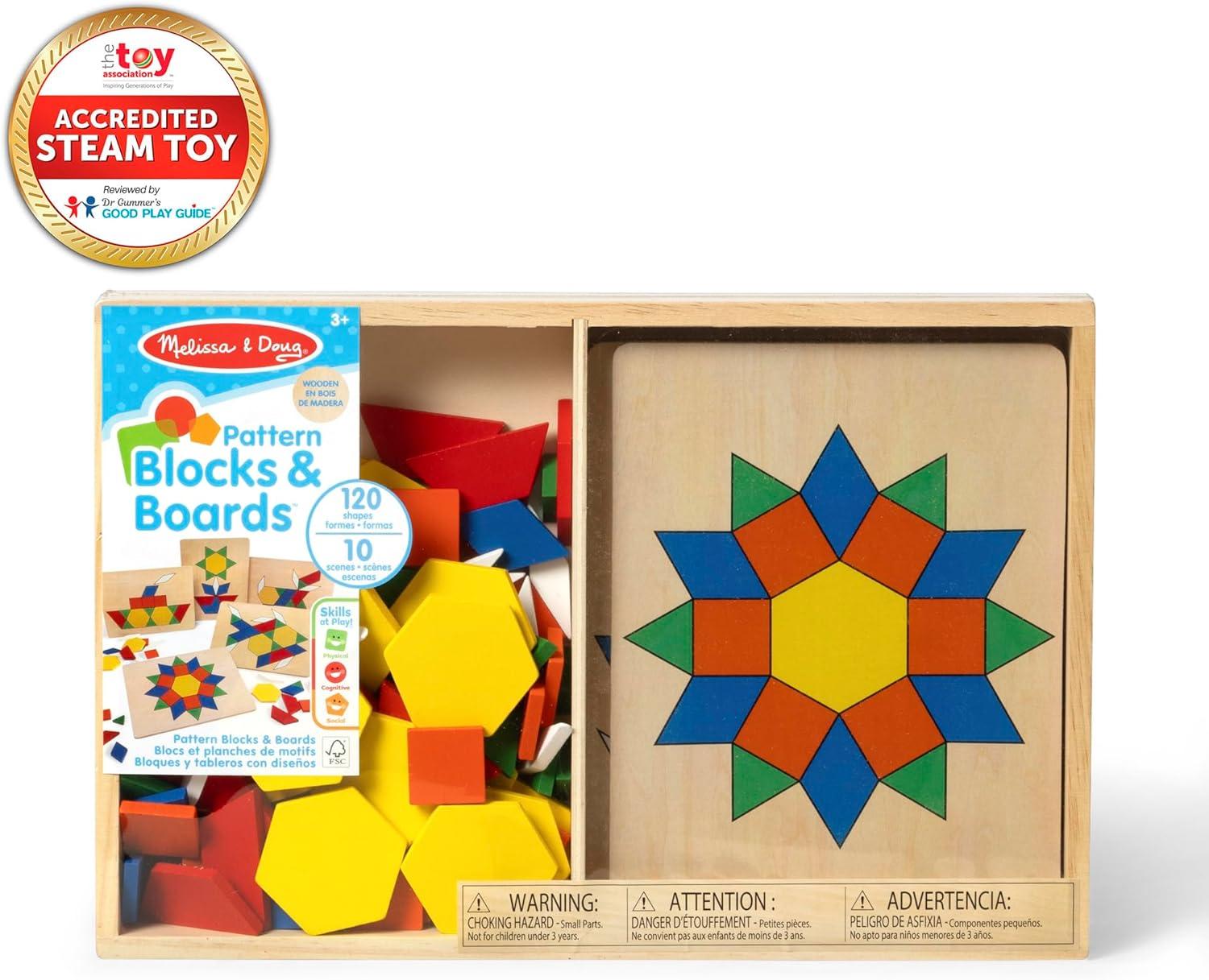 imageMelissa ampamp Doug Pattern Blocks and Boards with 120 MultiColored Wooden Shape Tiles 5 DoubleSided Puzzle Boards Tangram Puzzles Montessori Toys for Girls ampamp BoysStandard