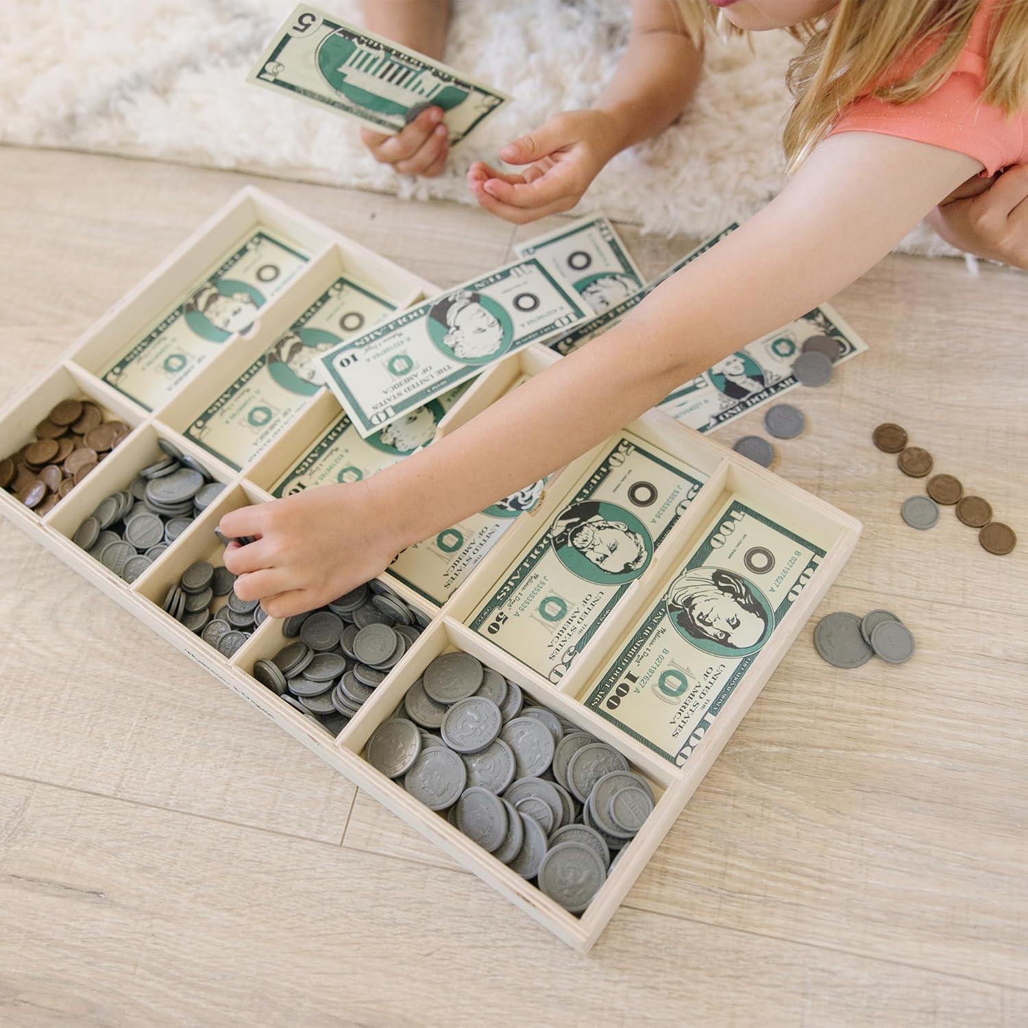 imageMelissa ampamp Doug Play Money Set  Educational Toy with Paper Bills and Plastic Coins 50 of Each Denomination and Wooden Cash Drawer for StoragePlay Money Set