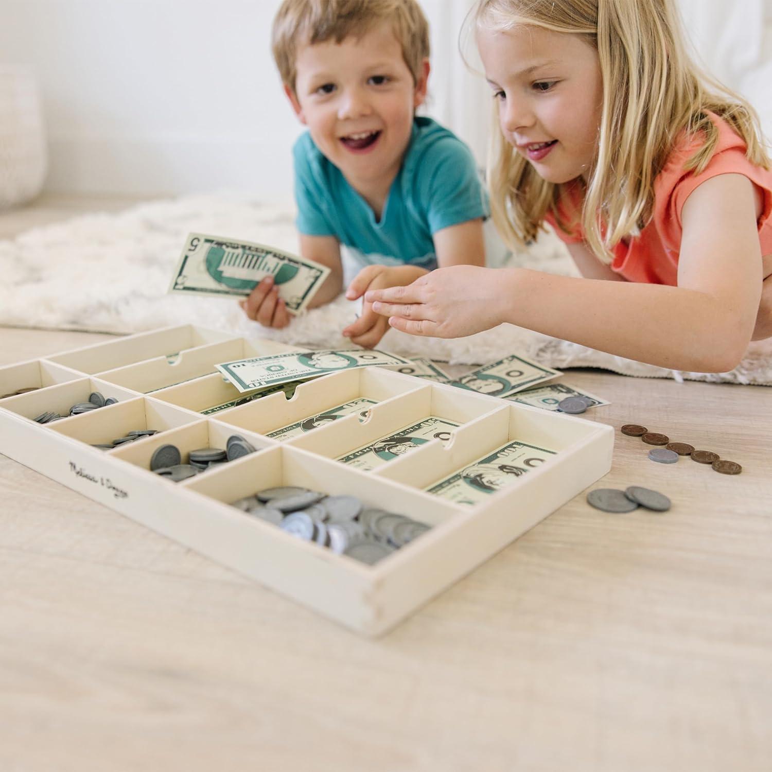 imageMelissa ampamp Doug Play Money Set  Educational Toy with Paper Bills and Plastic Coins 50 of Each Denomination and Wooden Cash Drawer for StoragePlay Money Set