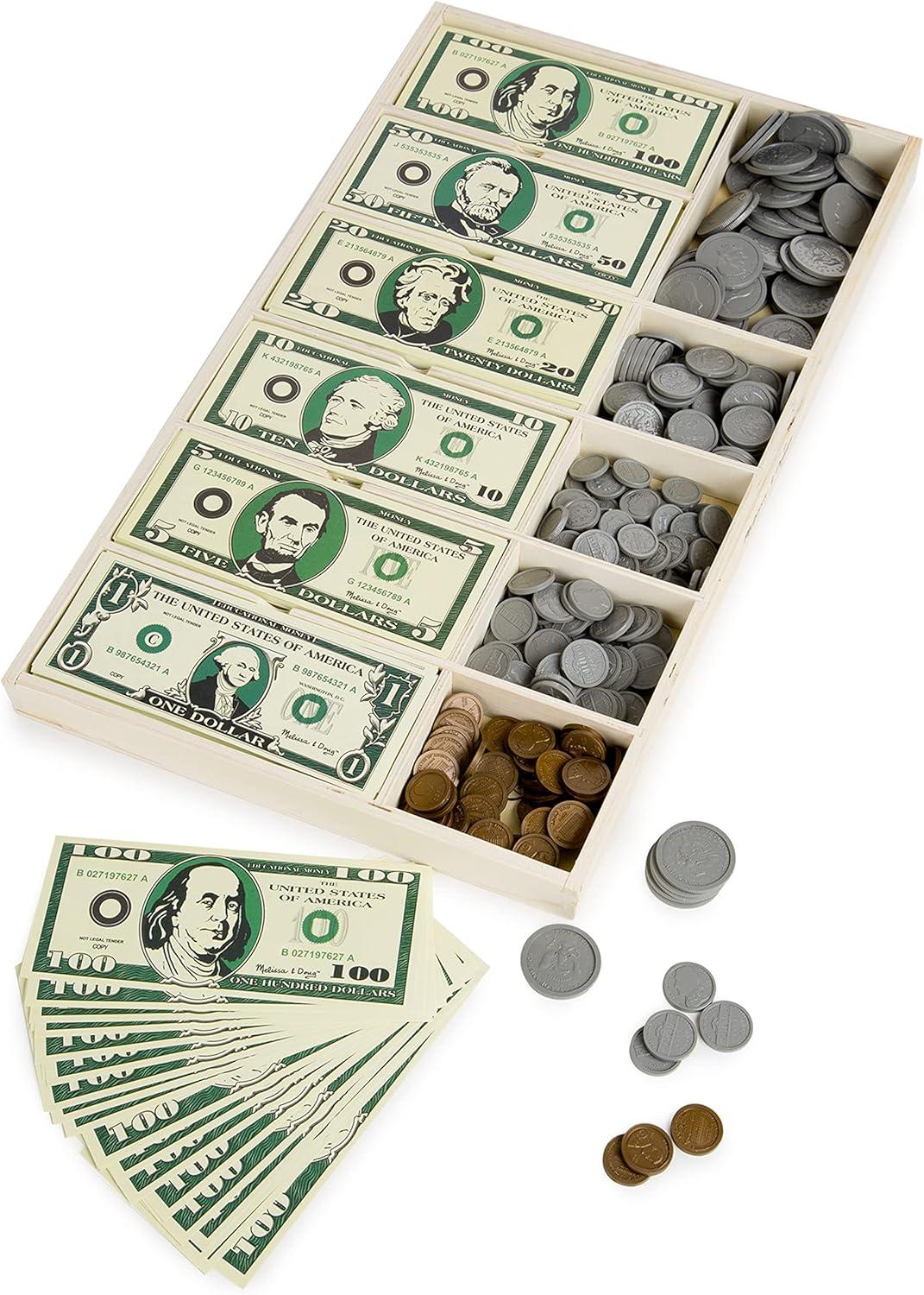 imageMelissa ampamp Doug Play Money Set  Educational Toy with Paper Bills and Plastic Coins 50 of Each Denomination and Wooden Cash Drawer for StoragePlay Money Set