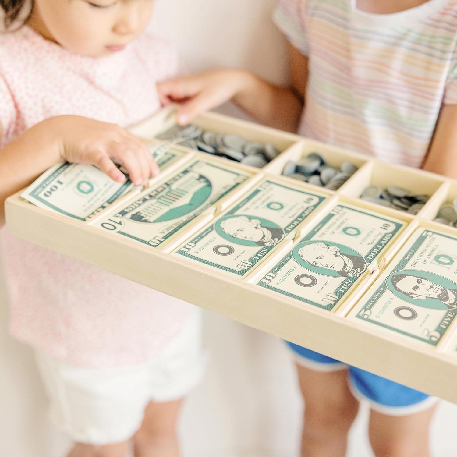 imageMelissa ampamp Doug Play Money Set  Educational Toy with Paper Bills and Plastic Coins 50 of Each Denomination and Wooden Cash Drawer for StoragePlay Money Set