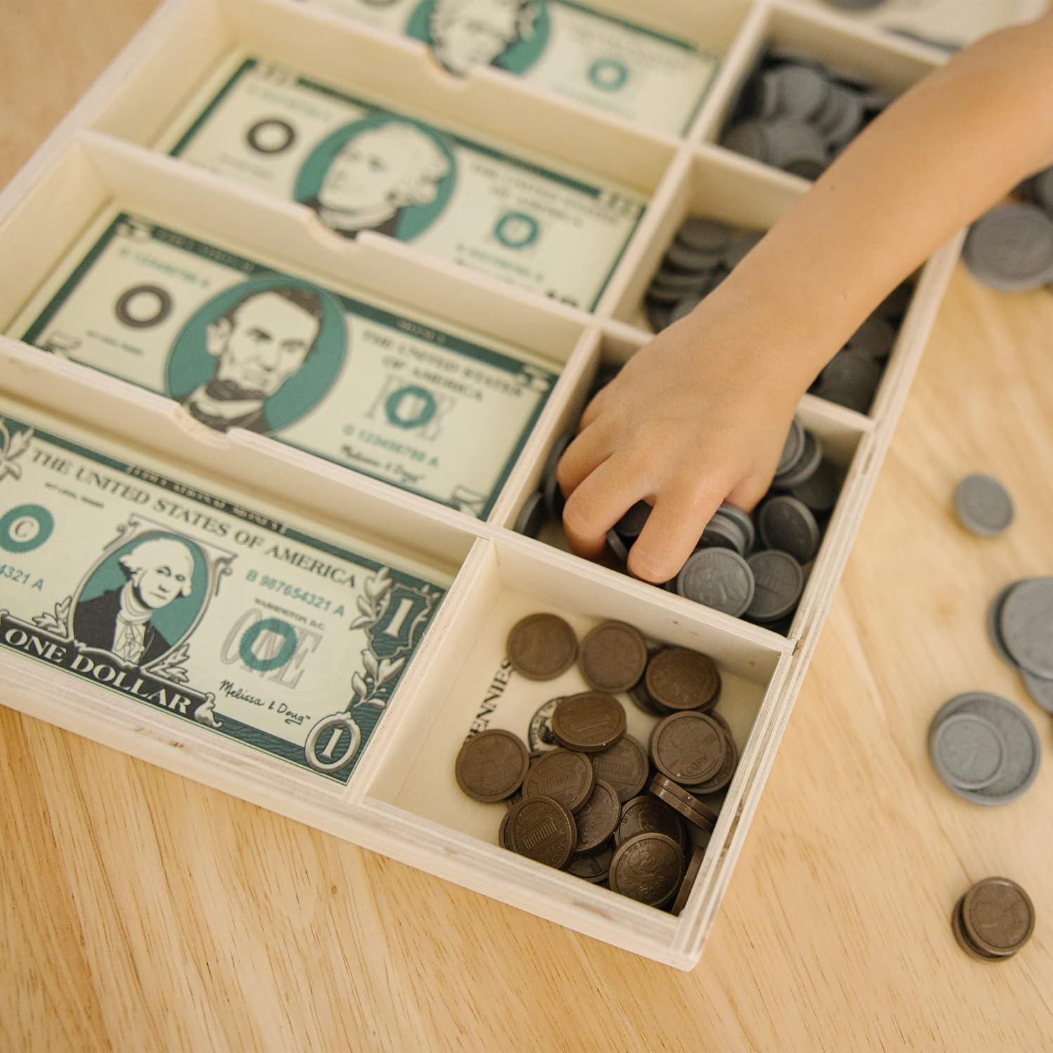 imageMelissa ampamp Doug Play Money Set  Educational Toy with Paper Bills and Plastic Coins 50 of Each Denomination and Wooden Cash Drawer for StoragePlay Money Set