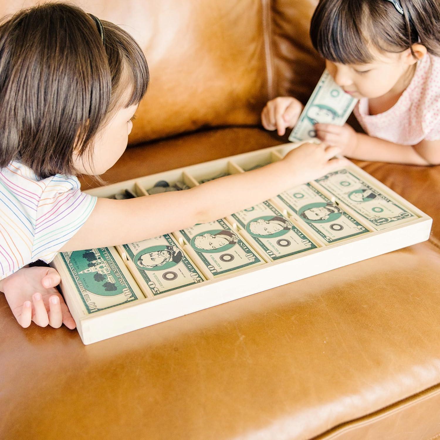 imageMelissa ampamp Doug Play Money Set  Educational Toy with Paper Bills and Plastic Coins 50 of Each Denomination and Wooden Cash Drawer for StoragePlay Money Set