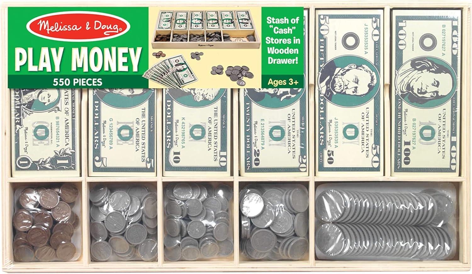 imageMelissa ampamp Doug Play Money Set  Educational Toy with Paper Bills and Plastic Coins 50 of Each Denomination and Wooden Cash Drawer for StoragePlay Money Set