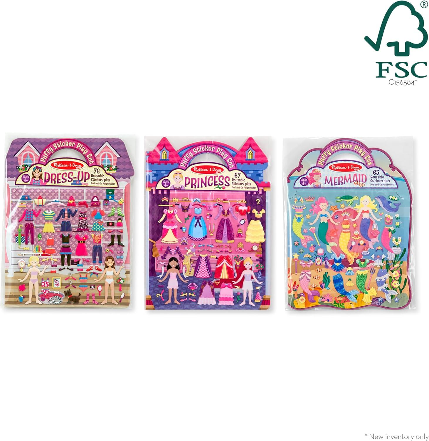 imageMelissa ampamp Doug Puffy Sticker Activity Books Set of 3  DressUp Princess ampamp Mermaid with 208 Reusable Stickers and FoldOut Scenes MessFree Travel Toys for Kids Ages 4  FSC CertifiedDressUp  Princess  Mermaid