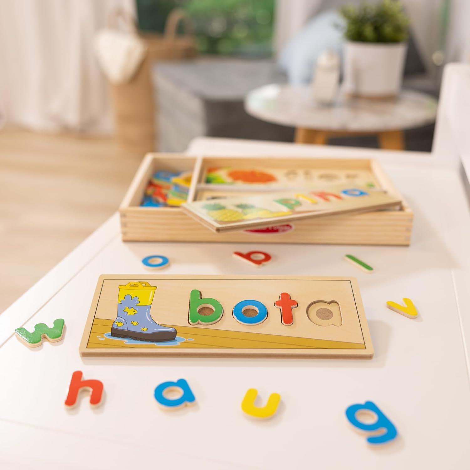 imageMelissa ampamp Doug See ampamp Spell Wooden Educational Toy with 8 DoubleSided Spelling Boards and 64 Letters Preschool Learning Activities See ampamp Spell Learning Toys for Kids Ages 4Spanish