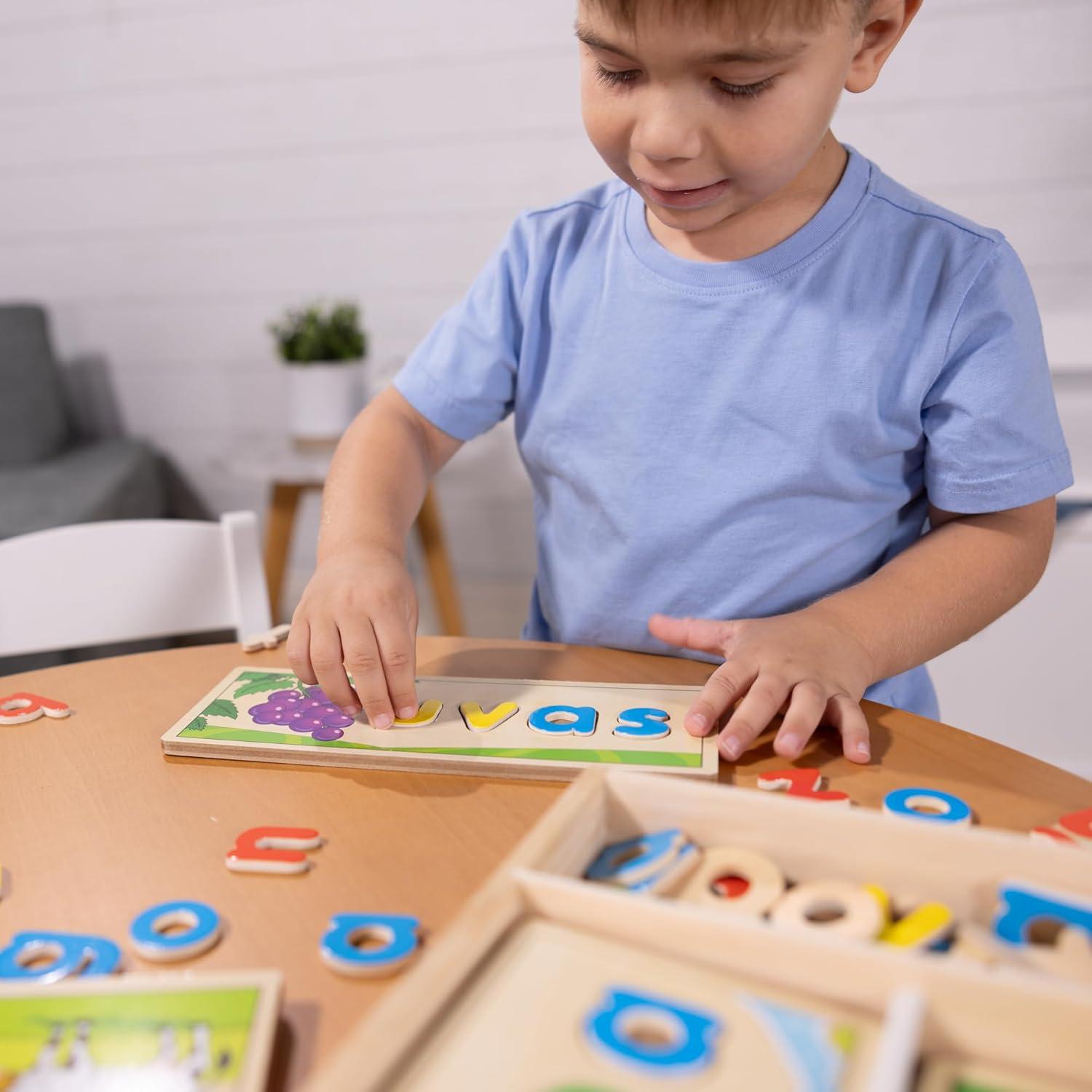 imageMelissa ampamp Doug See ampamp Spell Wooden Educational Toy with 8 DoubleSided Spelling Boards and 64 Letters Preschool Learning Activities See ampamp Spell Learning Toys for Kids Ages 4Spanish