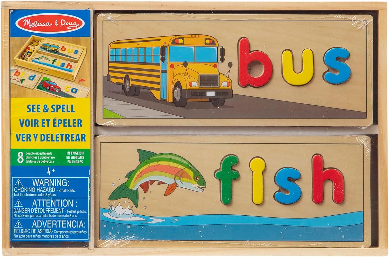 imageMelissa ampamp Doug See ampamp Spell Wooden Educational Toy with 8 DoubleSided Spelling Boards and 64 Letters Preschool Learning Activities See ampamp Spell Learning Toys for Kids Ages 4English