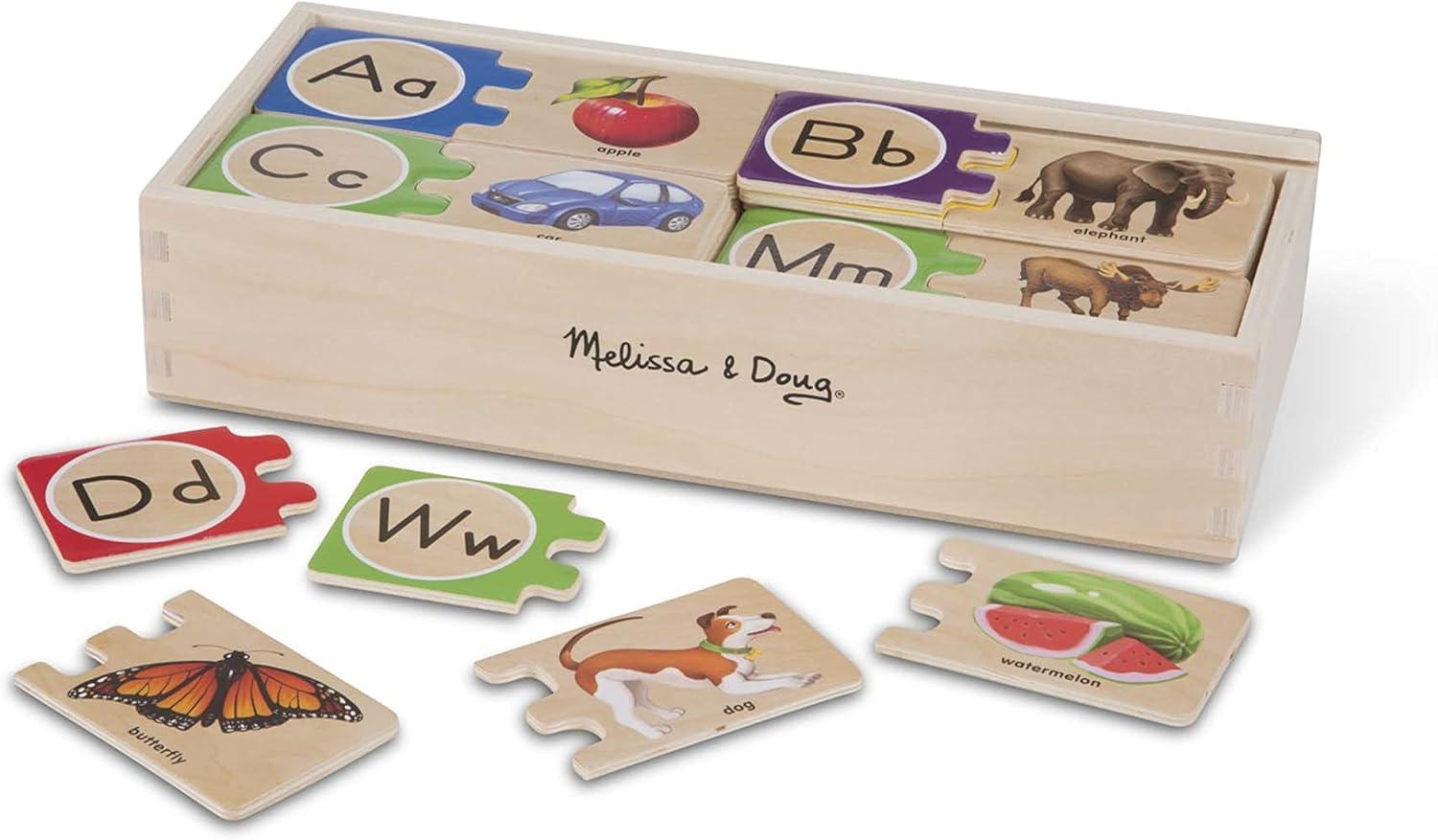 imageMelissa ampamp Doug SelfCorrecting Alphabet Wooden Puzzles with Storage Box 52 pcs ABC Puzzles Wooden Alphabet Puzzle for Kids Ages 4
