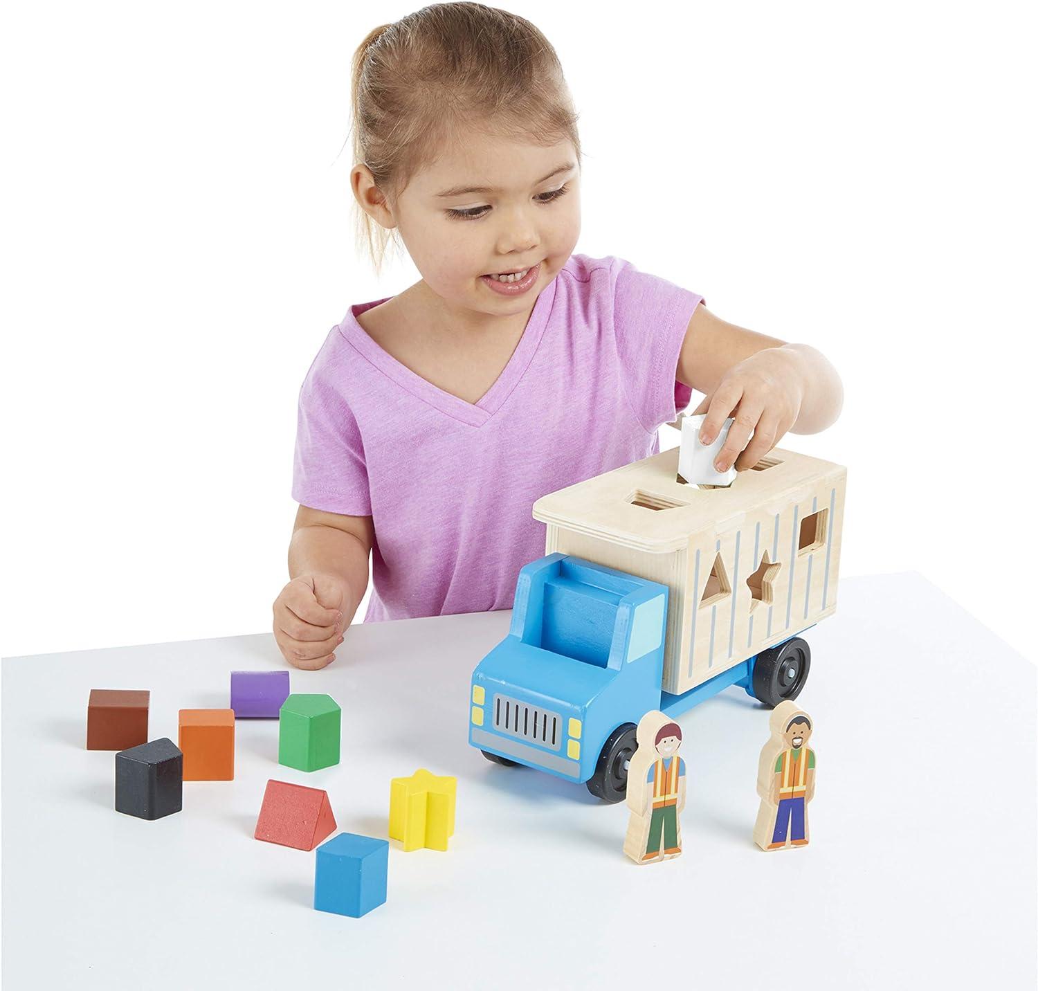 imageMelissa ampamp Doug ShapeSorting Wooden Dump Truck Toy with 9 Colorful Shapes and 2 Play Figures Wooden Vehicle Toys Shape Sorter Toys for Toddlers Ages 2
