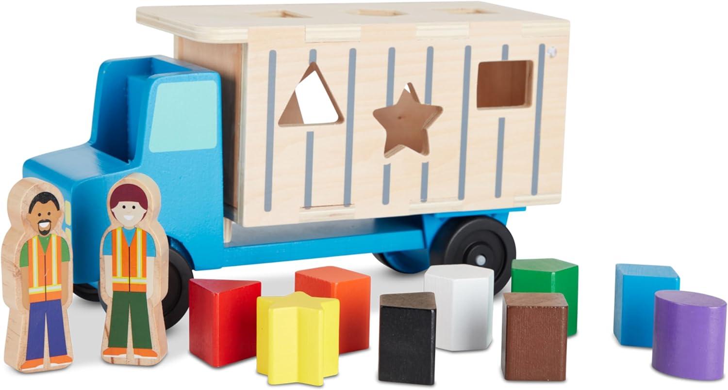 imageMelissa ampamp Doug ShapeSorting Wooden Dump Truck Toy with 9 Colorful Shapes and 2 Play Figures Wooden Vehicle Toys Shape Sorter Toys for Toddlers Ages 2