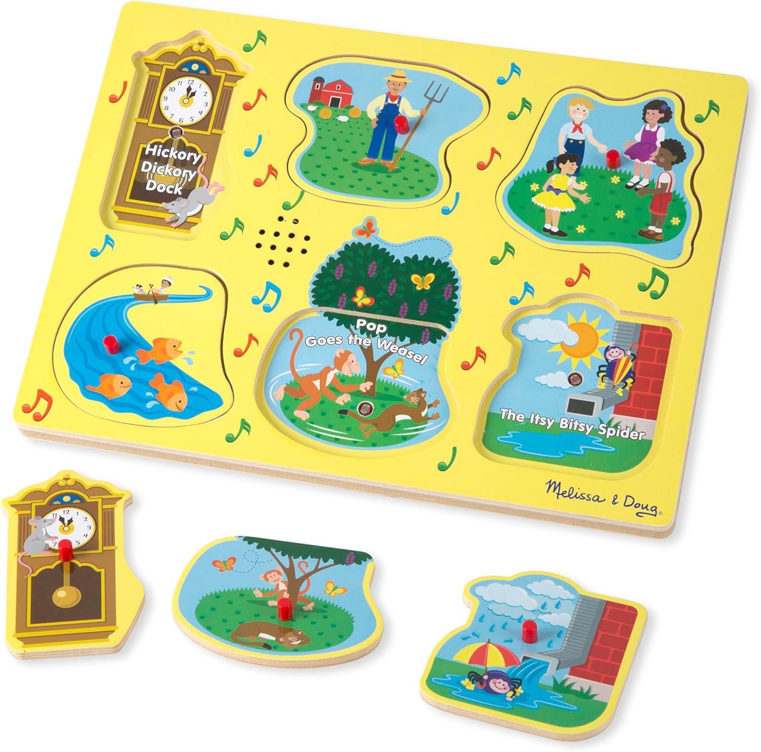 imageMelissa ampamp Doug SingAlong Nursery Rhymes Sound Puzzle Yellow  Wooden Peg Puzzle 8 pcs