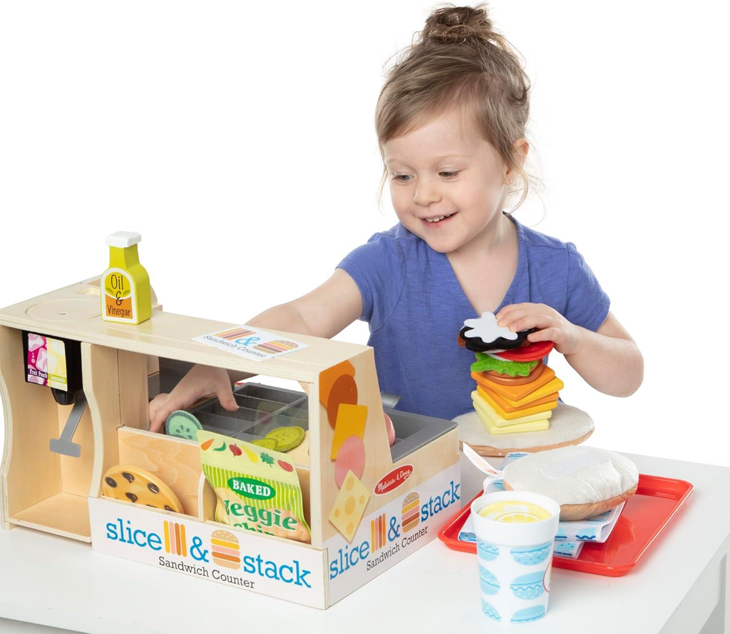 imageMelissa ampamp Doug SliceStackServe Wooden Sandwich Counter Pretend Play Store with Play Food Toys Play Money ampamp Deli Slicer Preschool Toys for Kids 3