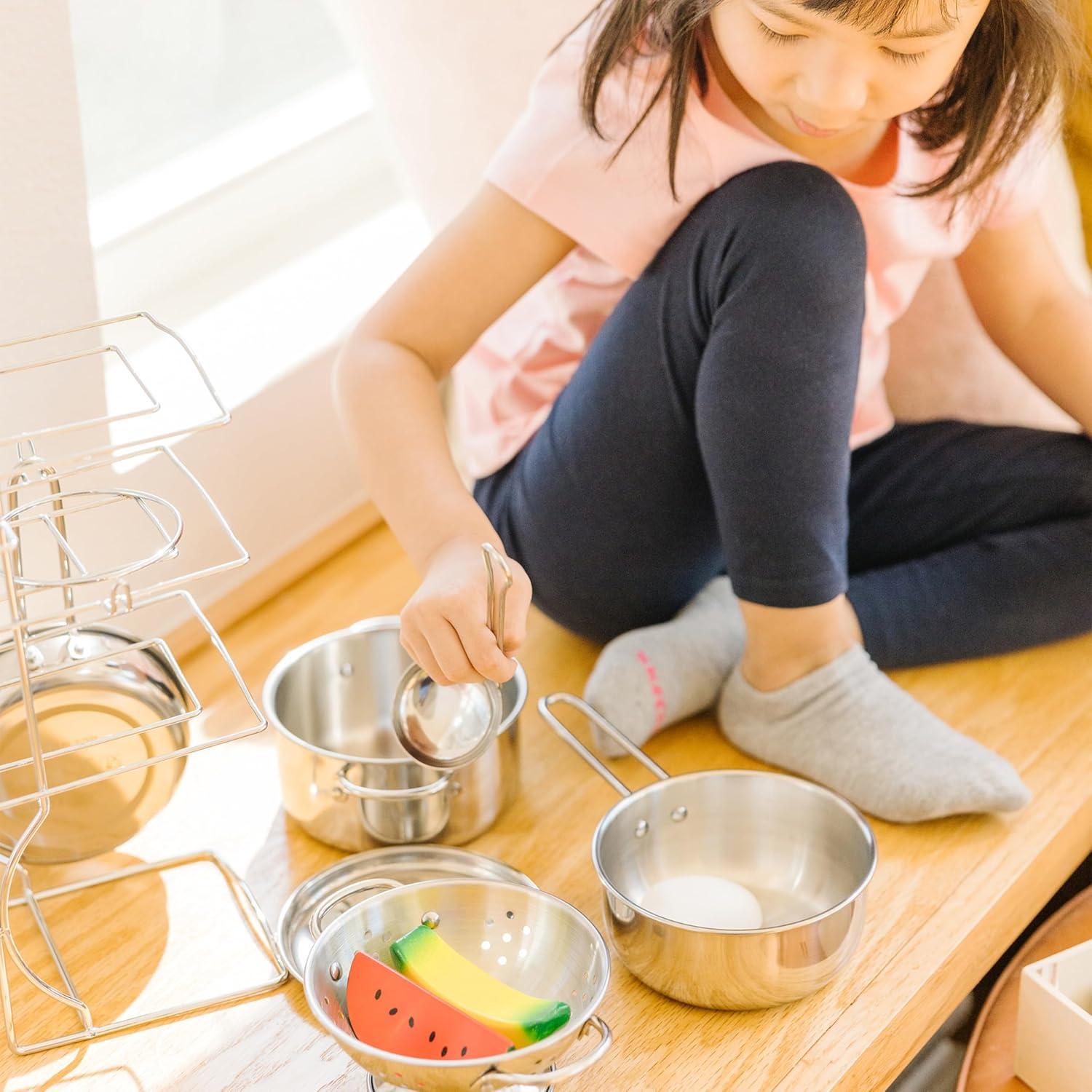 imageMelissa ampamp Doug Stainless Steel Pots ampamp Pans 8 Piece Play Kitchen Set Premium Play Kitchen Accessories ampamp Cooking Utensils Preschool Toys for Kids 3