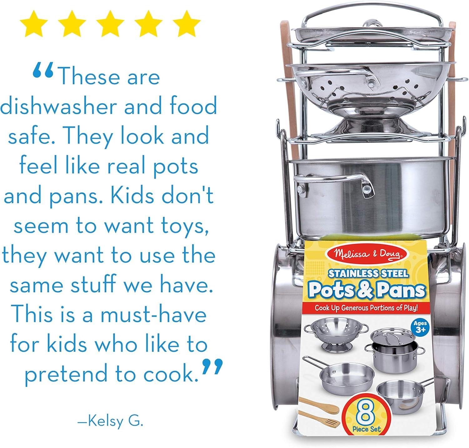 imageMelissa ampamp Doug Stainless Steel Pots ampamp Pans 8 Piece Play Kitchen Set Premium Play Kitchen Accessories ampamp Cooking Utensils Preschool Toys for Kids 3
