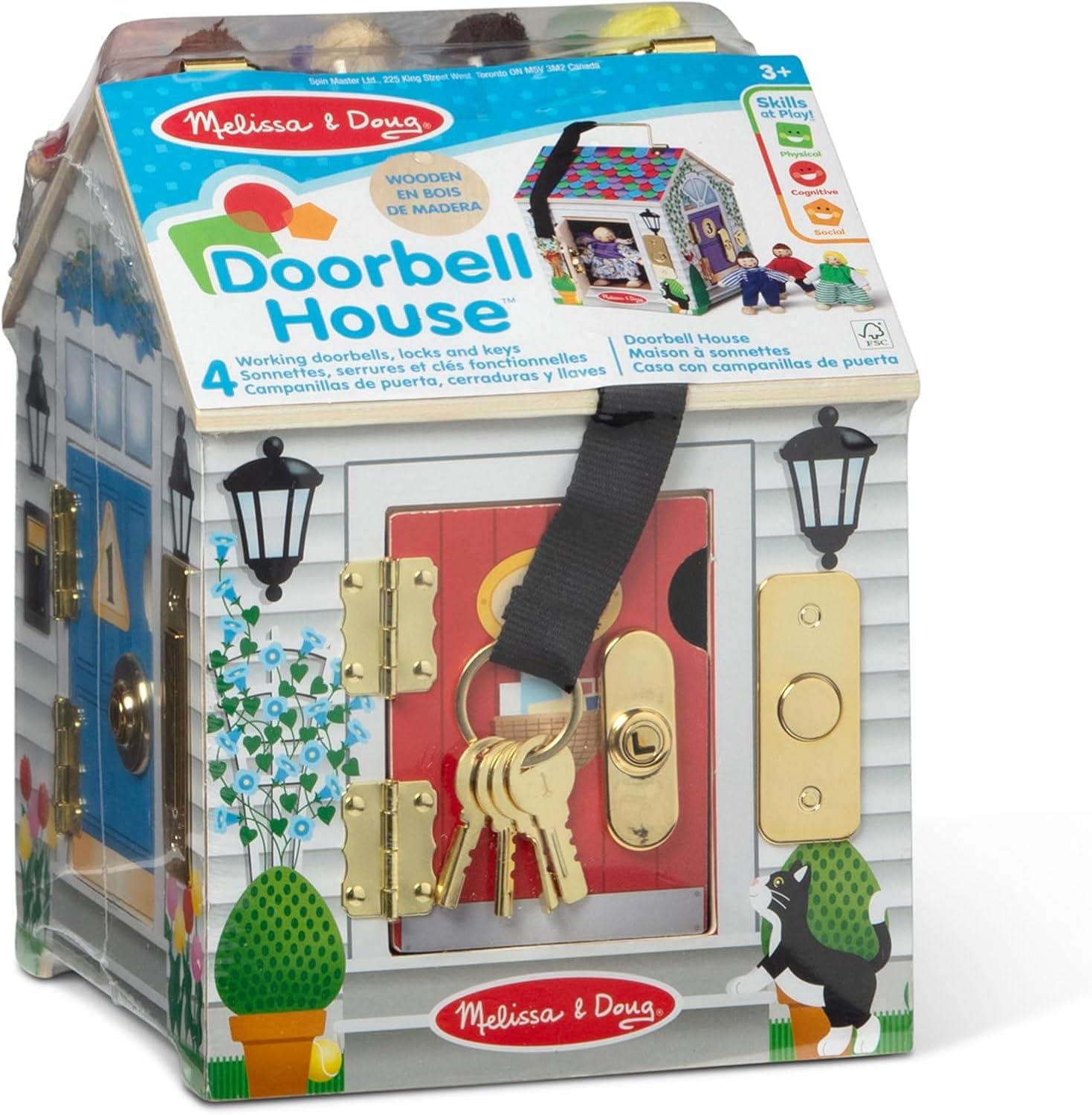 imageMelissa ampamp Doug TakeAlong Wooden Doorbell Dollhouse  Doorbell Sounds Keys 4 Poseable Wooden Dolls Portable Doll House Doorbell House for Kids Ages 3