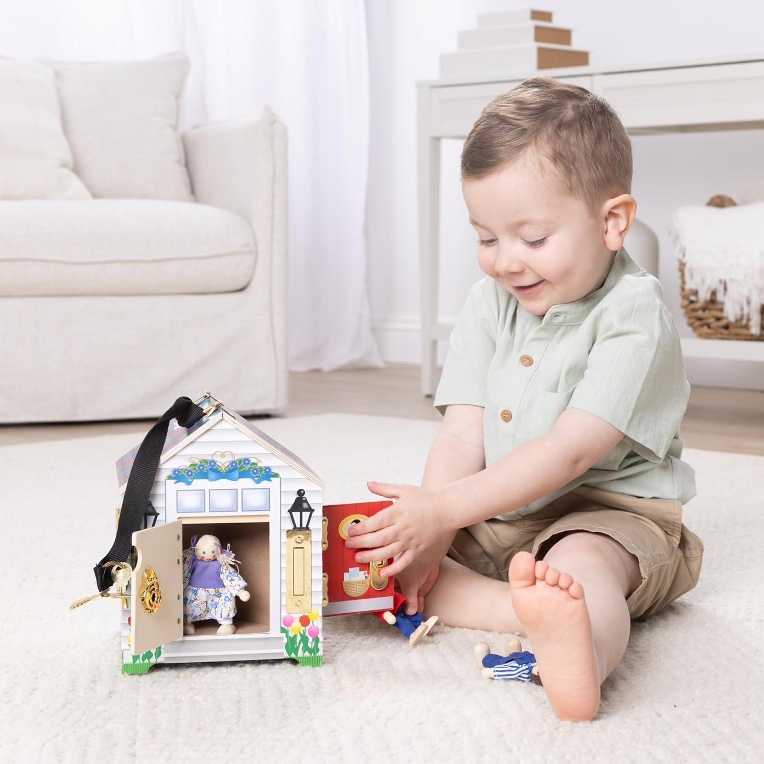 imageMelissa ampamp Doug TakeAlong Wooden Doorbell Dollhouse  Doorbell Sounds Keys 4 Poseable Wooden Dolls Portable Doll House Doorbell House for Kids Ages 3