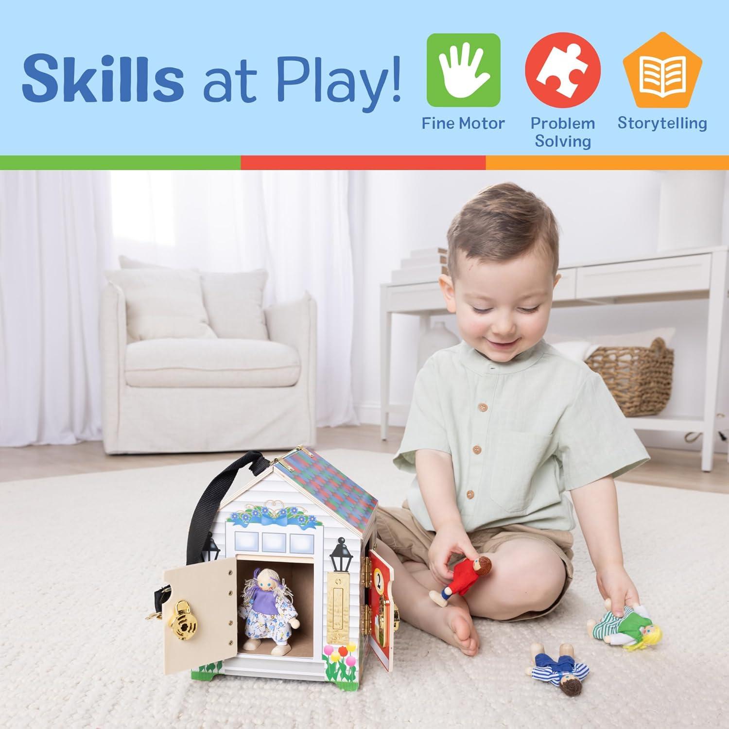 imageMelissa ampamp Doug TakeAlong Wooden Doorbell Dollhouse  Doorbell Sounds Keys 4 Poseable Wooden Dolls Portable Doll House Doorbell House for Kids Ages 3