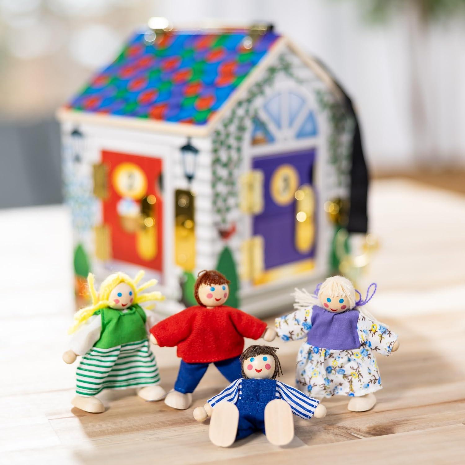 imageMelissa ampamp Doug TakeAlong Wooden Doorbell Dollhouse  Doorbell Sounds Keys 4 Poseable Wooden Dolls Portable Doll House Doorbell House for Kids Ages 3