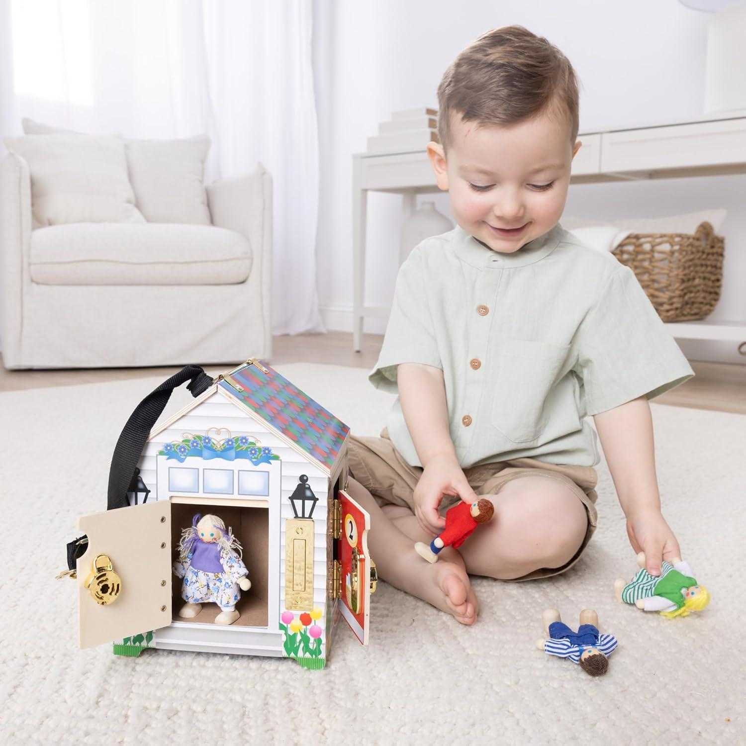 imageMelissa ampamp Doug TakeAlong Wooden Doorbell Dollhouse  Doorbell Sounds Keys 4 Poseable Wooden Dolls Portable Doll House Doorbell House for Kids Ages 3